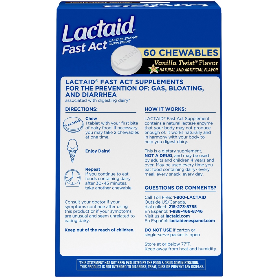 slide 6 of 6, Lactaid Fast Act Lactose Intolerance Relief Chewables with Natural Lactase Enzyme to Prevent Gas, Bloating & Diarrhea Due to Lactose Sensitivity, On-the-Go, Vanilla Twist Flavor, 60 x 1 ct, 60 ct