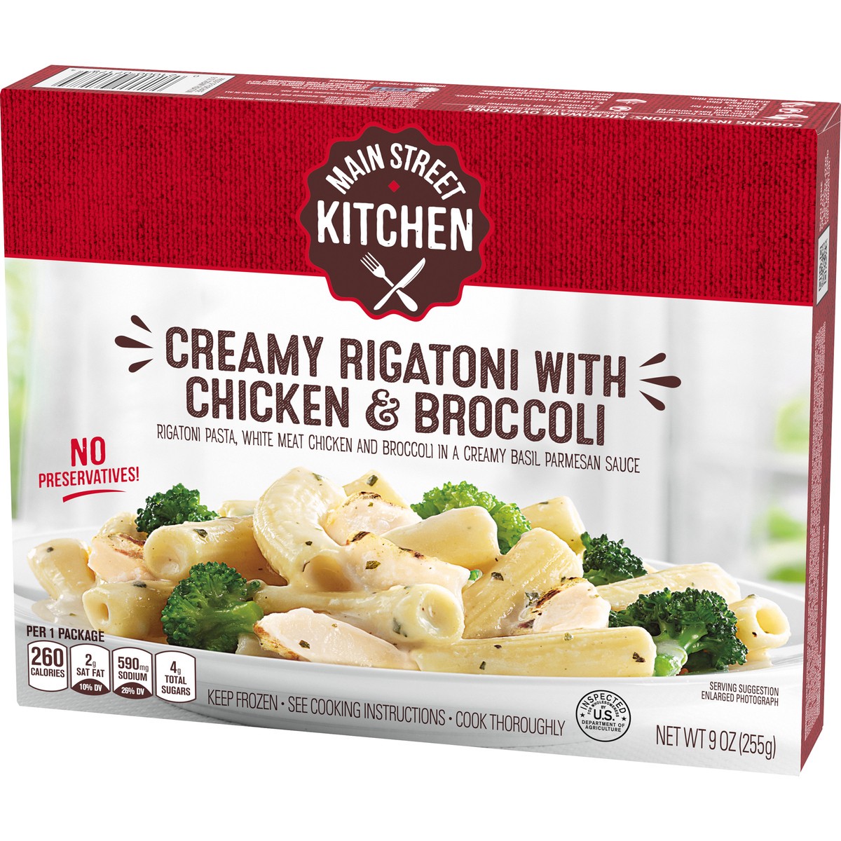 slide 2 of 14, Main Street Kitchen Creamy Rigatoni Pasta with Chicken & Broccoli Frozen Meal, 9 oz Box, 9 oz