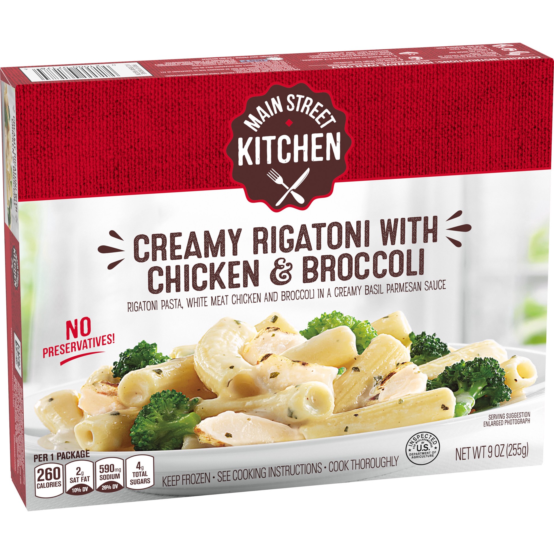 slide 4 of 14, Main Street Kitchen Creamy Rigatoni Pasta with Chicken & Broccoli Frozen Meal, 9 oz Box, 9 oz