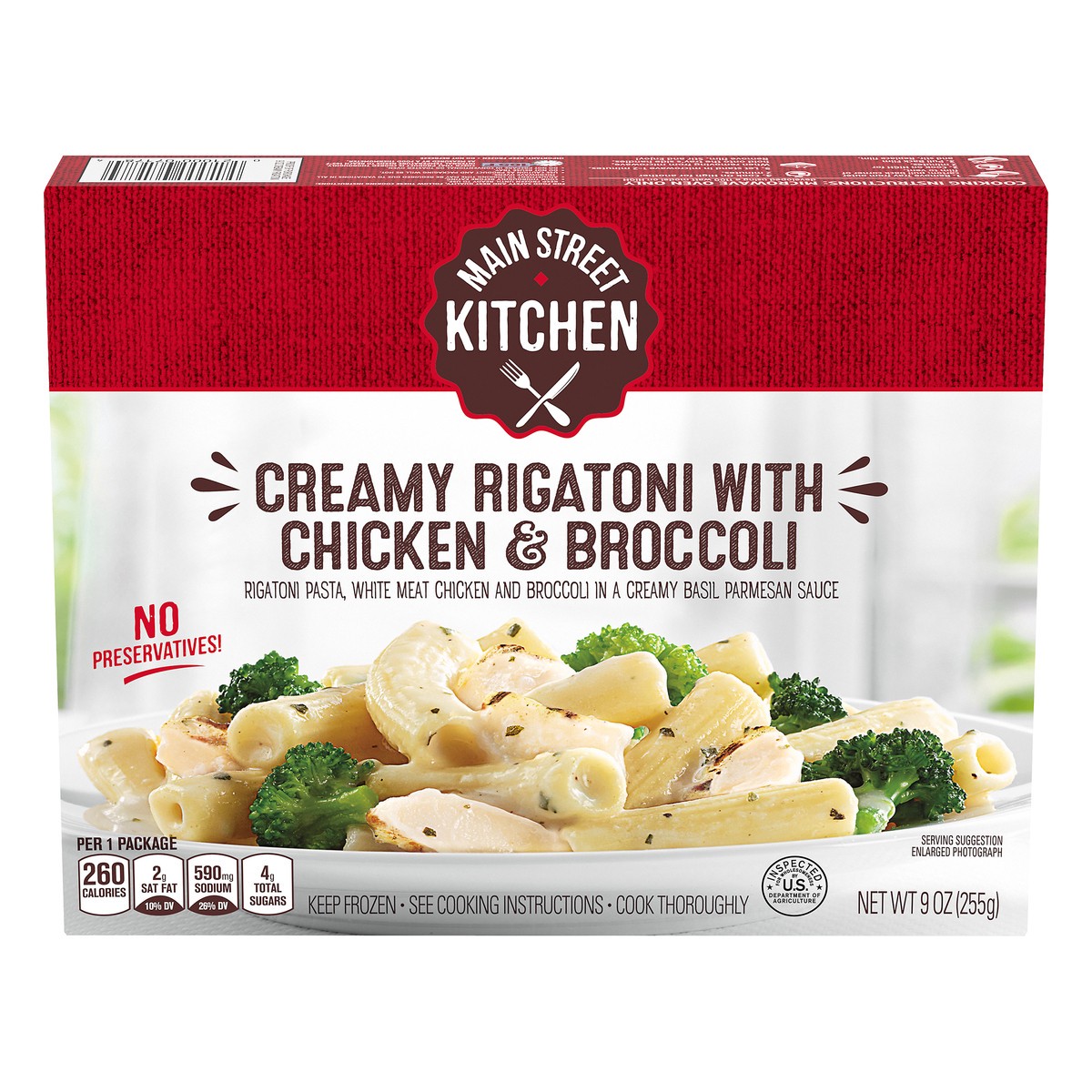 slide 6 of 14, Main Street Kitchen Creamy Rigatoni Pasta with Chicken & Broccoli Frozen Meal, 9 oz Box, 9 oz