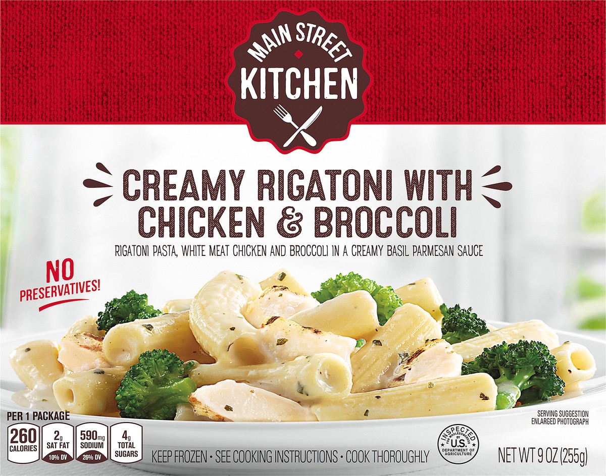 slide 7 of 14, Main Street Kitchen Creamy Rigatoni Pasta with Chicken & Broccoli Frozen Meal, 9 oz Box, 9 oz