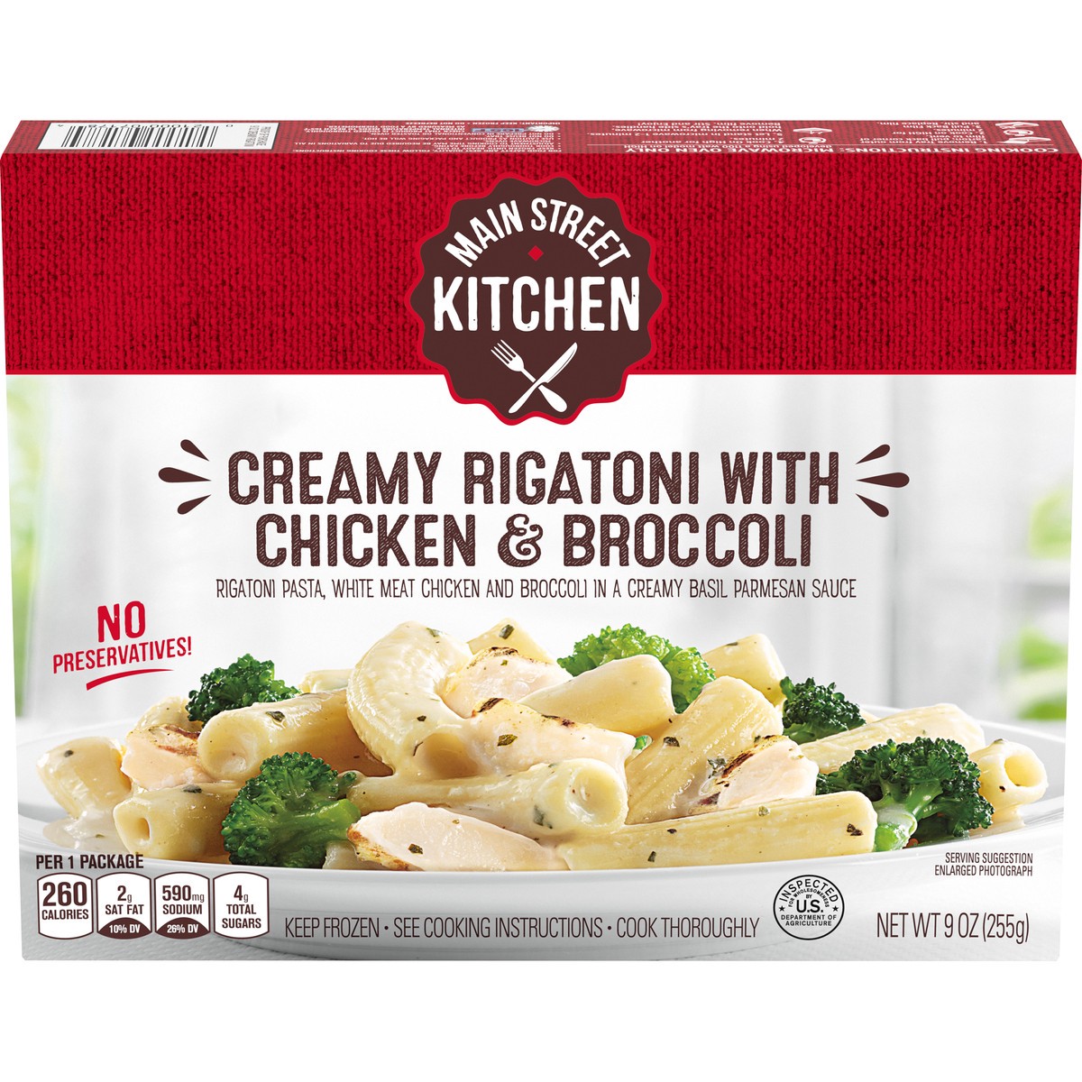 slide 1 of 14, Main Street Kitchen Creamy Rigatoni Pasta with Chicken & Broccoli Frozen Meal, 9 oz Box, 9 oz