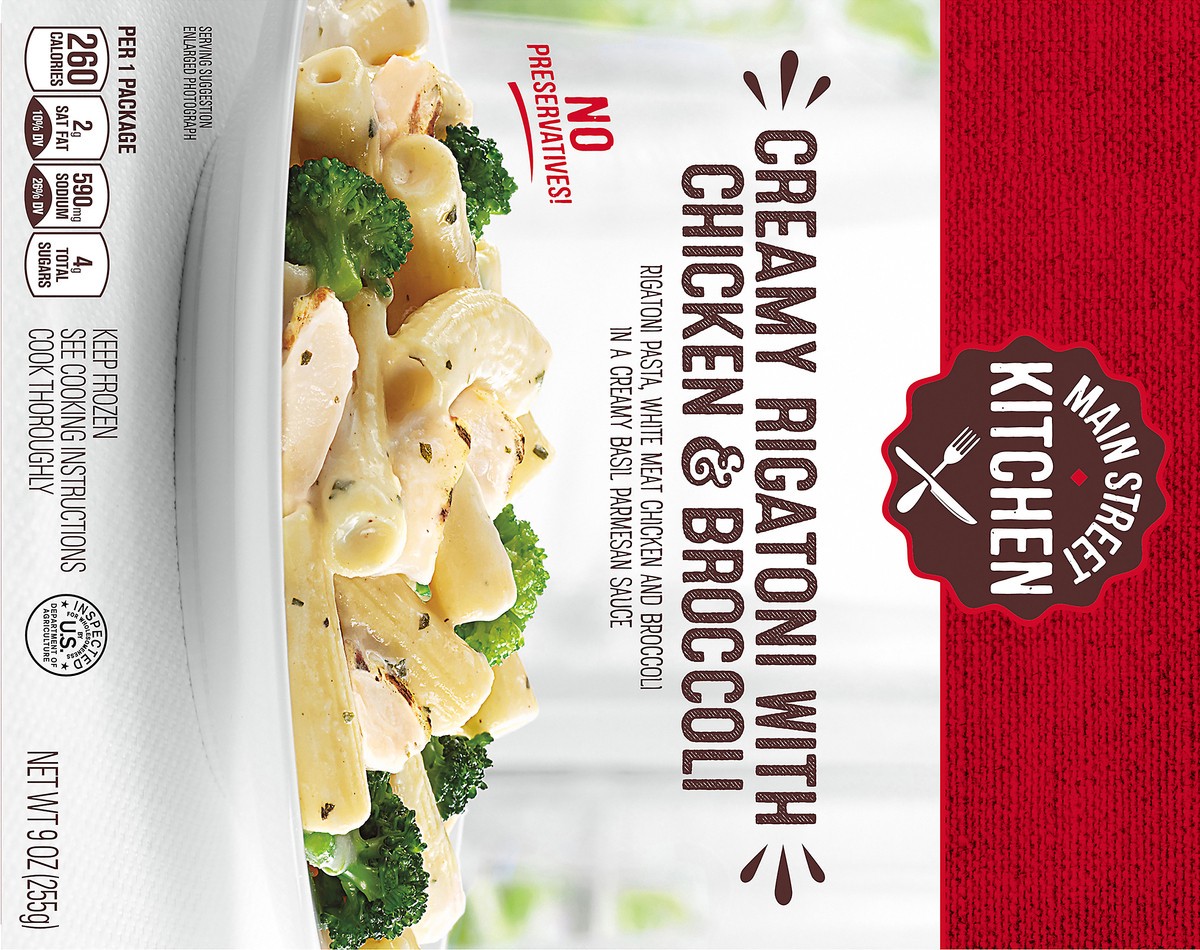 slide 11 of 14, Main Street Kitchen Creamy Rigatoni Pasta with Chicken & Broccoli Frozen Meal, 9 oz Box, 9 oz