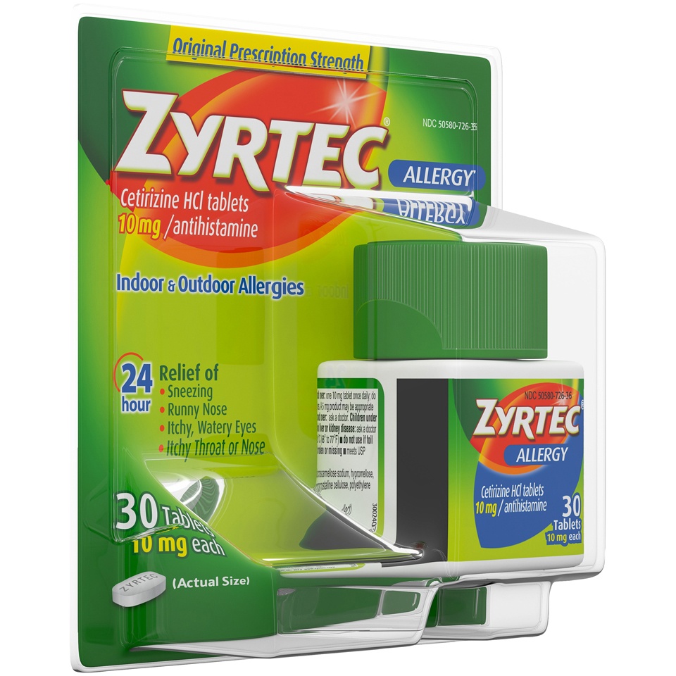slide 2 of 6, Zyrtec 24 Hour Allergy Relief Tablets, Indoor & Outdoor Allergy Medicine with Cetirizine HCl per Antihistamine Tablet, Relief from Runny Nose, Sneezing, Itchy Eyes & More, 30 ct; 10 mg