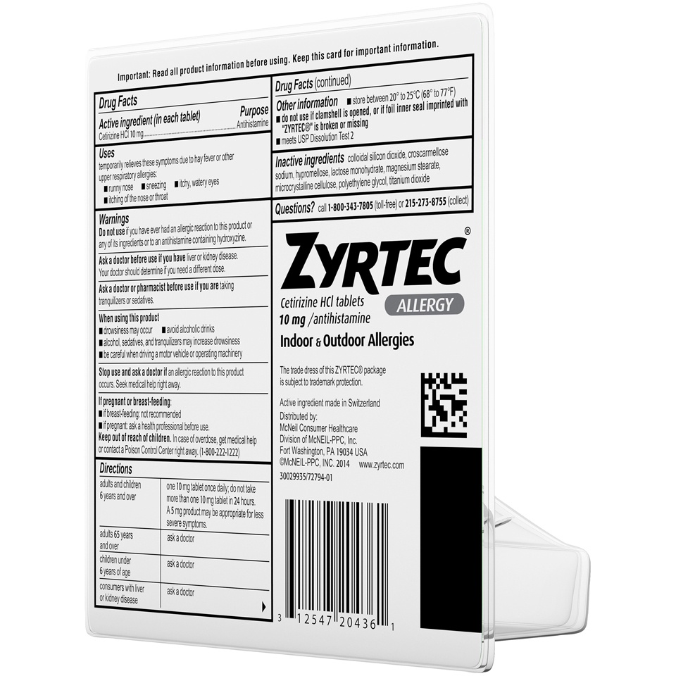 slide 3 of 6, Zyrtec 24 Hour Allergy Relief Tablets, Indoor & Outdoor Allergy Medicine with Cetirizine HCl per Antihistamine Tablet, Relief from Runny Nose, Sneezing, Itchy Eyes & More, 30 ct; 10 mg
