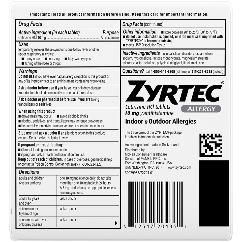 slide 6 of 6, Zyrtec 24 Hour Allergy Relief Tablets, Indoor & Outdoor Allergy Medicine with Cetirizine HCl per Antihistamine Tablet, Relief from Runny Nose, Sneezing, Itchy Eyes & More, 30 ct; 10 mg