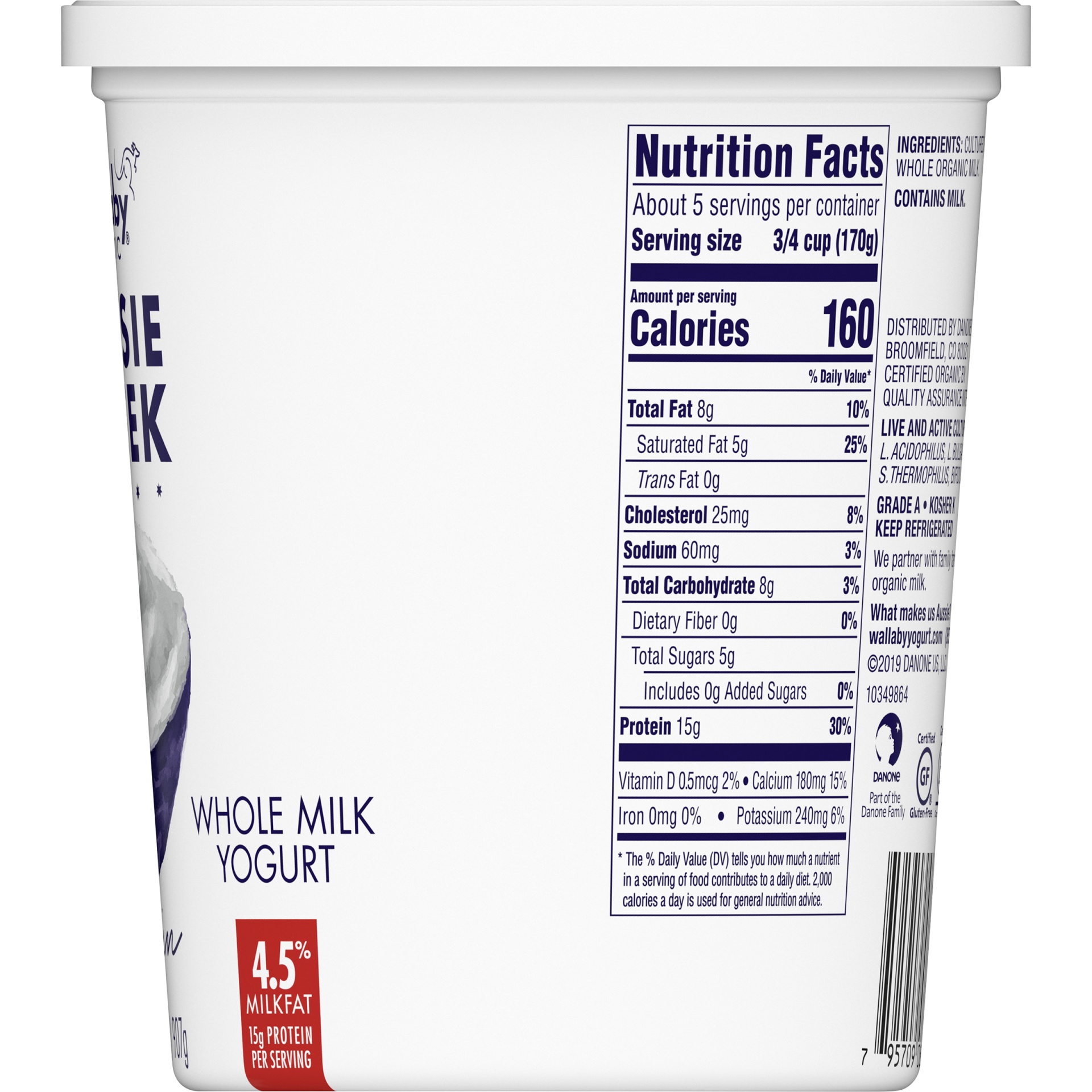 slide 5 of 5, Wallaby Organic Greek Plain Whole Milk Yogurt, 32 fl oz