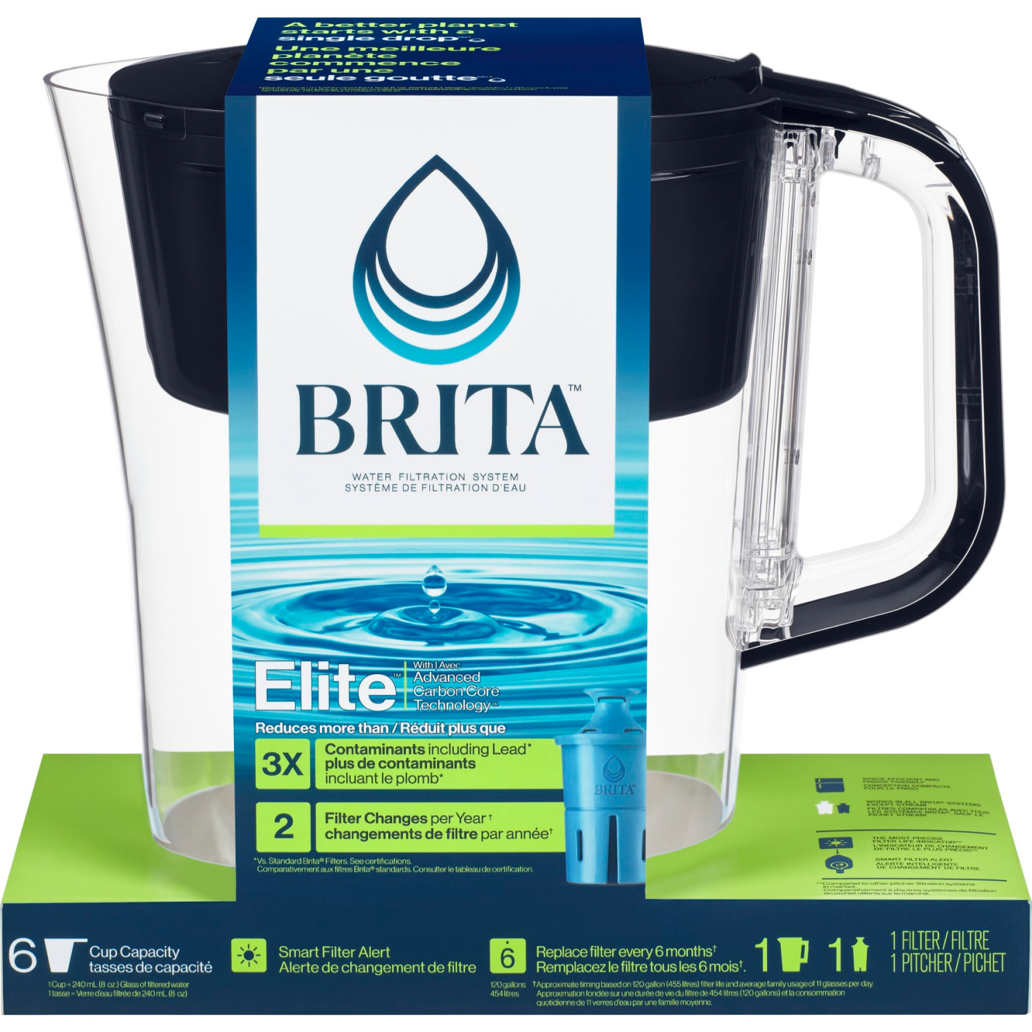 slide 1 of 8, Brita Water Filter 6-Cup Denali Water Pitcher Dispenser with Standard Water Filter Black, 48 fl oz