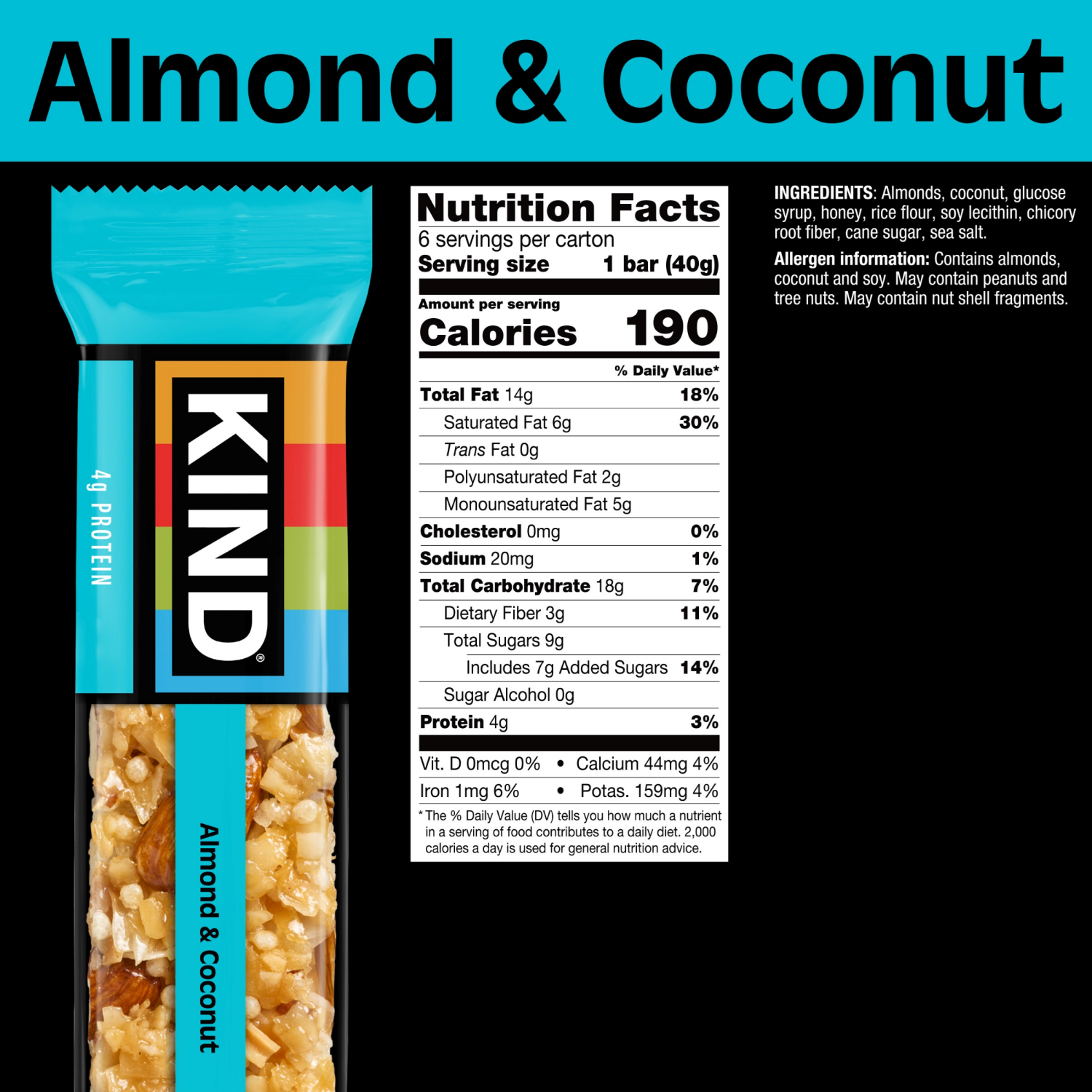 slide 7 of 7, KIND Almond & Coconut Bars, Low Glycemic Index, Gluten Free Bars, 1.4 OZ Bars (6 Count), 6 ct