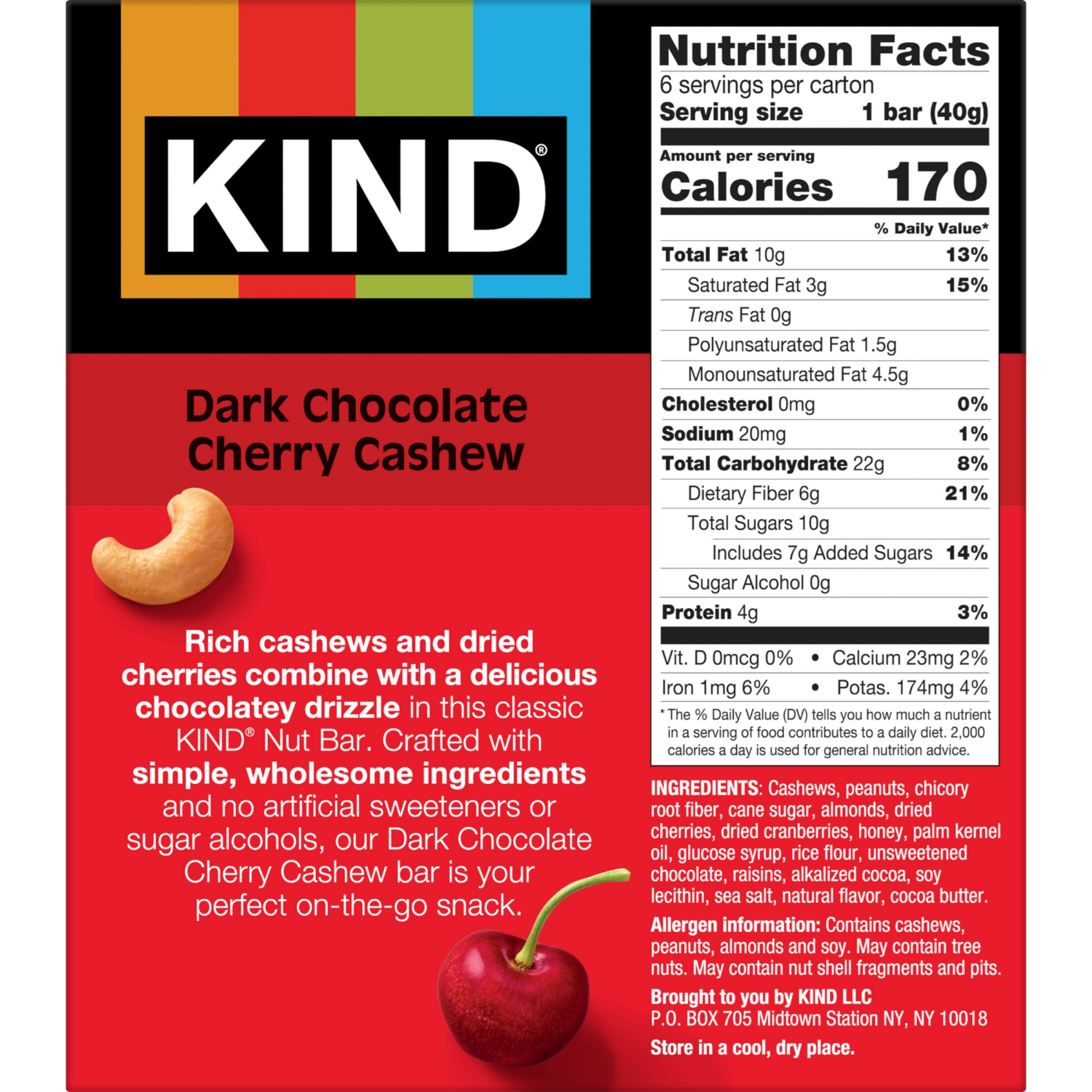 slide 2 of 6, KIND Healthy Snack Bar, Dark Chocolate Cherry Cashew, 4g Protein, Gluten Free Bars, 1.4 OZ, (6 Ct), 6 ct