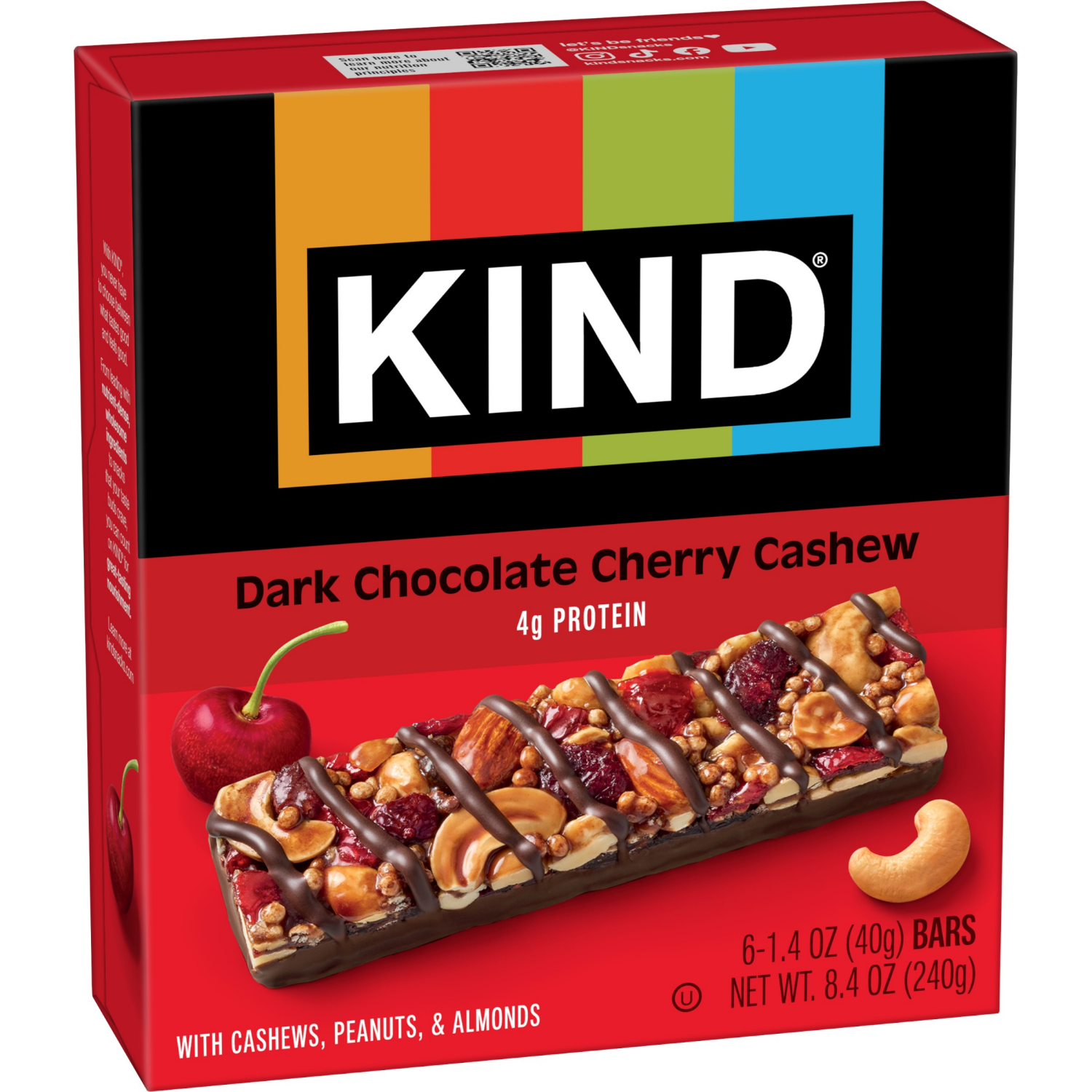 slide 5 of 6, KIND Healthy Snack Bar, Dark Chocolate Cherry Cashew, 4g Protein, Gluten Free Bars, 1.4 OZ, (6 Ct), 6 ct