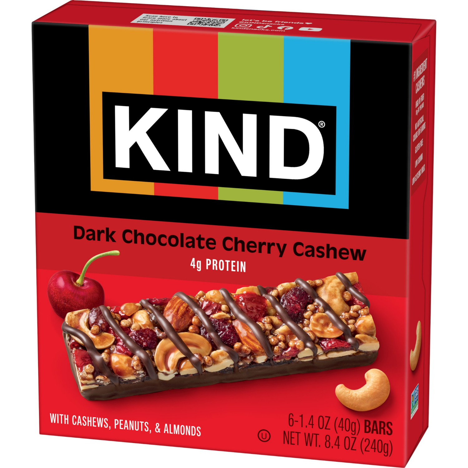 slide 6 of 6, KIND Healthy Snack Bar, Dark Chocolate Cherry Cashew, 4g Protein, Gluten Free Bars, 1.4 OZ, (6 Ct), 6 ct
