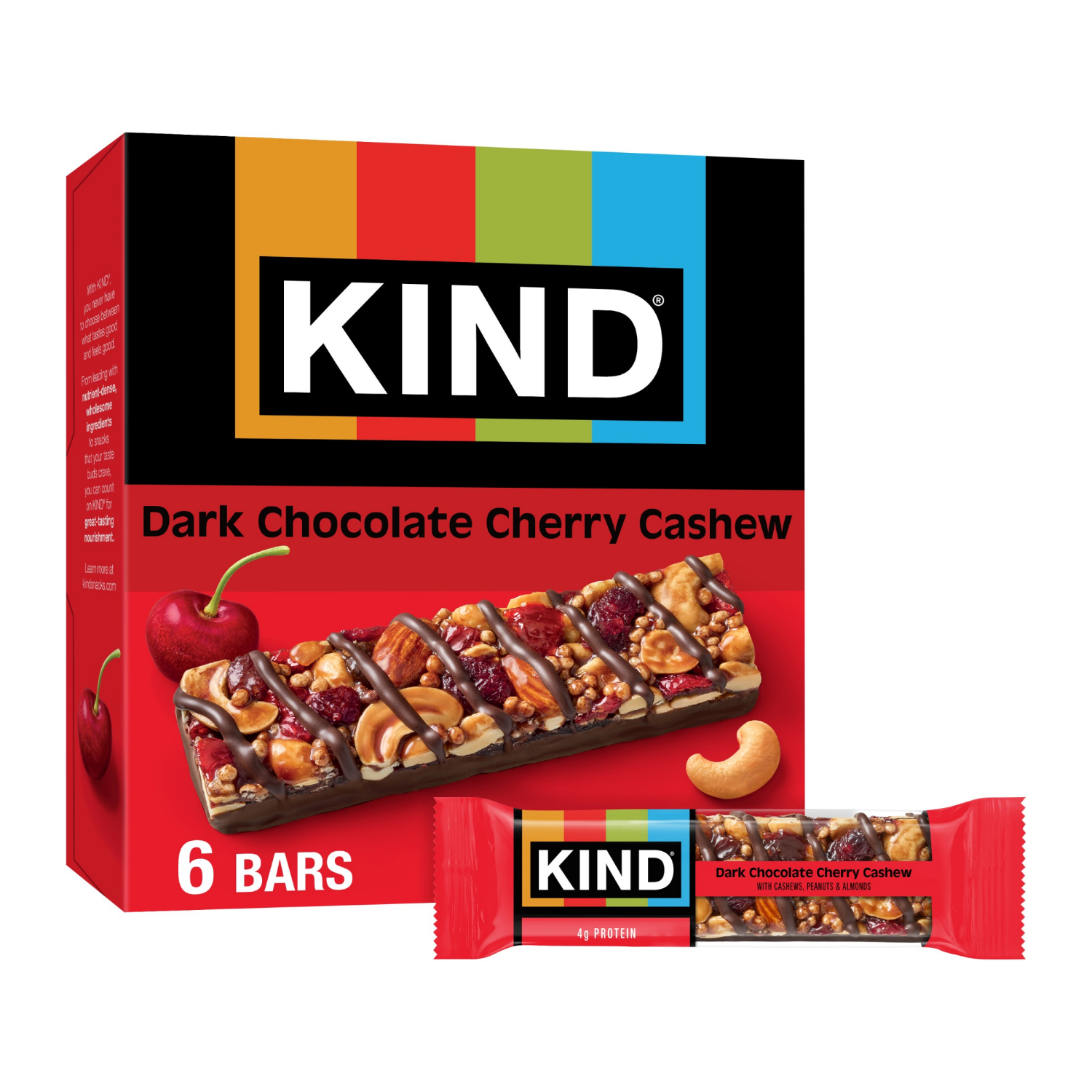 slide 1 of 6, KIND Healthy Snack Bar, Dark Chocolate Cherry Cashew, 4g Protein, Gluten Free Bars, 1.4 OZ, (6 Ct), 6 ct