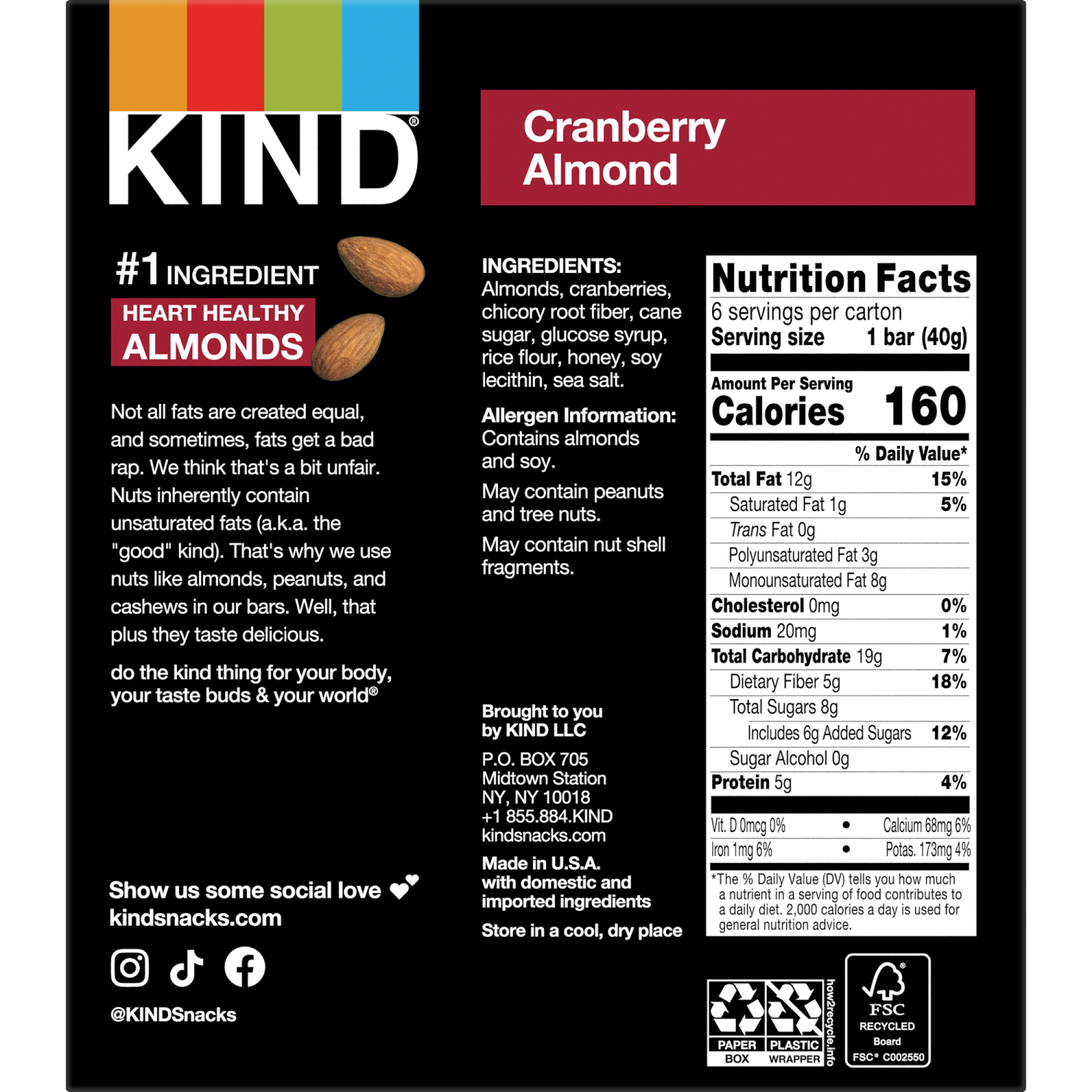 slide 2 of 8, KIND Healthy Snack Bar, Cranberry Almond, 5g Protein, Gluten Free Bars, 1.4 OZ, (6 Count), 6 ct