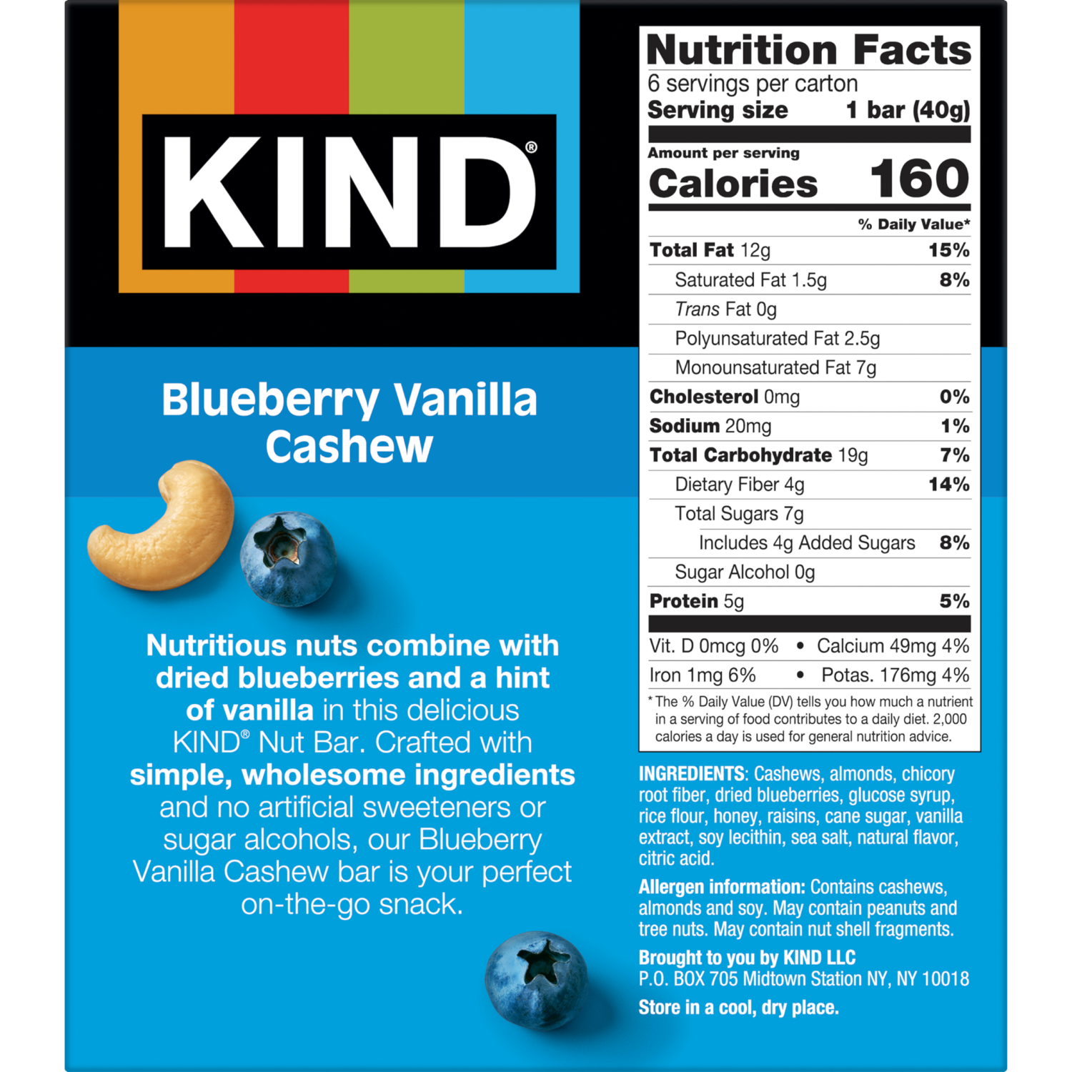 slide 2 of 6, KIND Healthy Snack Bar, Blueberry Vanilla Cashew, 5g Protein, Gluten Free Bars, 1.4 OZ, (6 Count), 6 ct