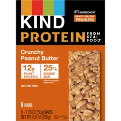 KIND PROTEIN Healthy Snack Bar, Crunchy Peanut Butter, 12g Plant Protein, Gluten Free Protein Bars, 1.76 OZ, (5 Ct)