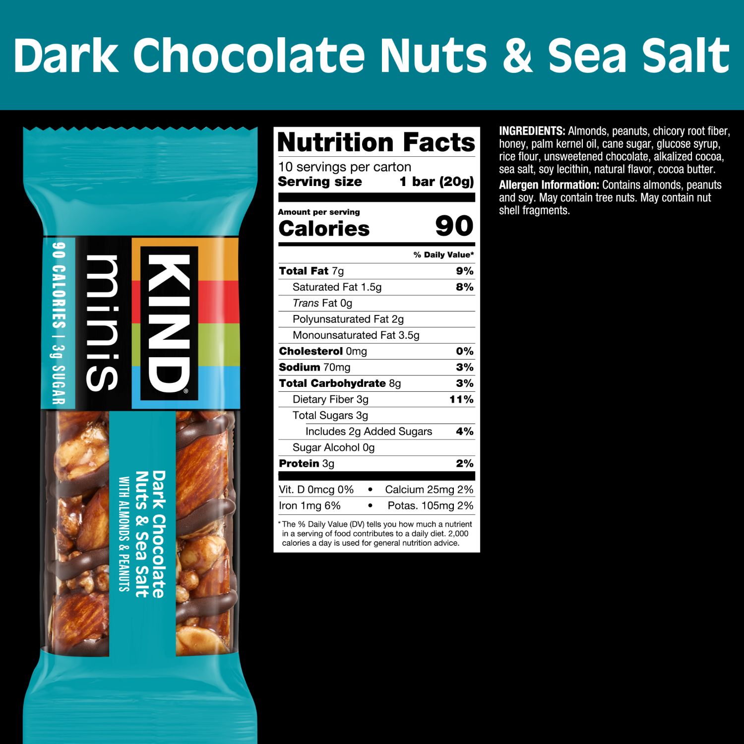 slide 3 of 8, KIND Minis Healthy Snack Bar, Dark Chocolate Nuts and Sea Salt, Gluten Free Bars, 0.7 OZ, (10 Count), 10 ct