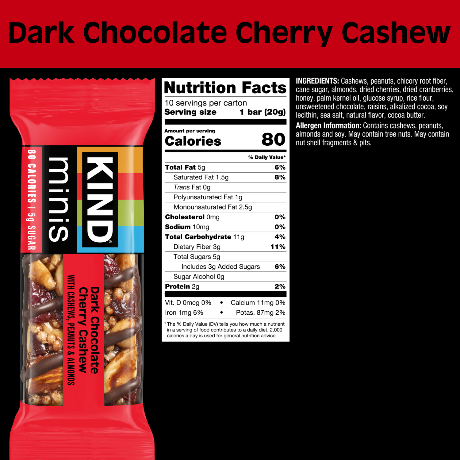 slide 3 of 8, KIND Minis Healthy Snack Bar, Dark Chocolate Cherry Cashew, Low Glycemic Index, Gluten Free Bars, 0.7 OZ, (10 Count), 10 ct