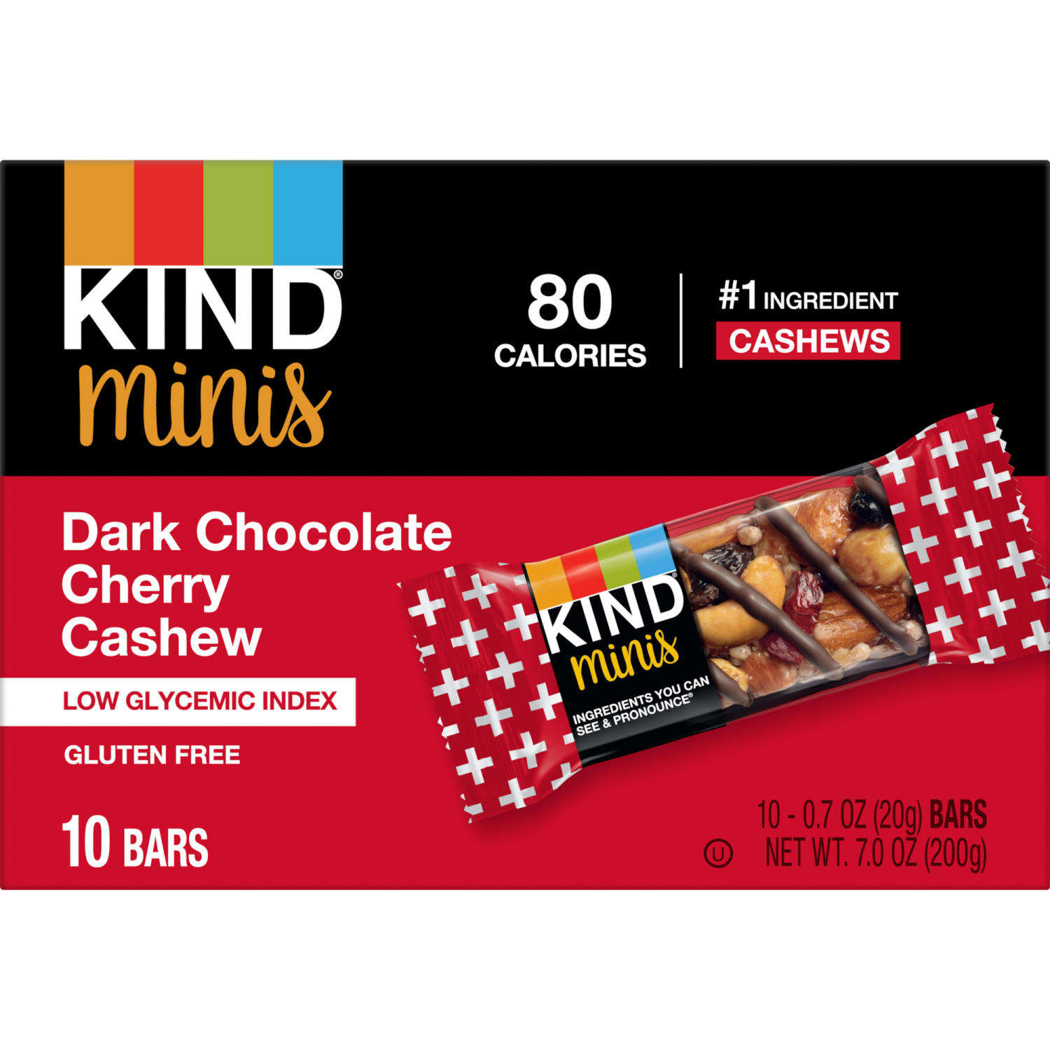 slide 1 of 8, KIND Minis Healthy Snack Bar, Dark Chocolate Cherry Cashew, Low Glycemic Index, Gluten Free Bars, 0.7 OZ, (10 Count), 10 ct