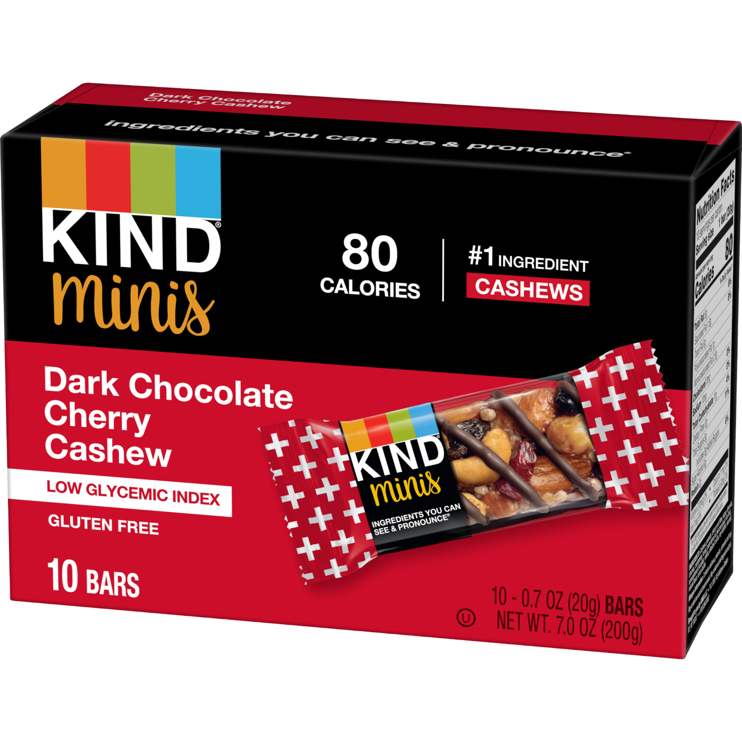 slide 7 of 8, KIND Minis Healthy Snack Bar, Dark Chocolate Cherry Cashew, Low Glycemic Index, Gluten Free Bars, 0.7 OZ, (10 Count), 10 ct