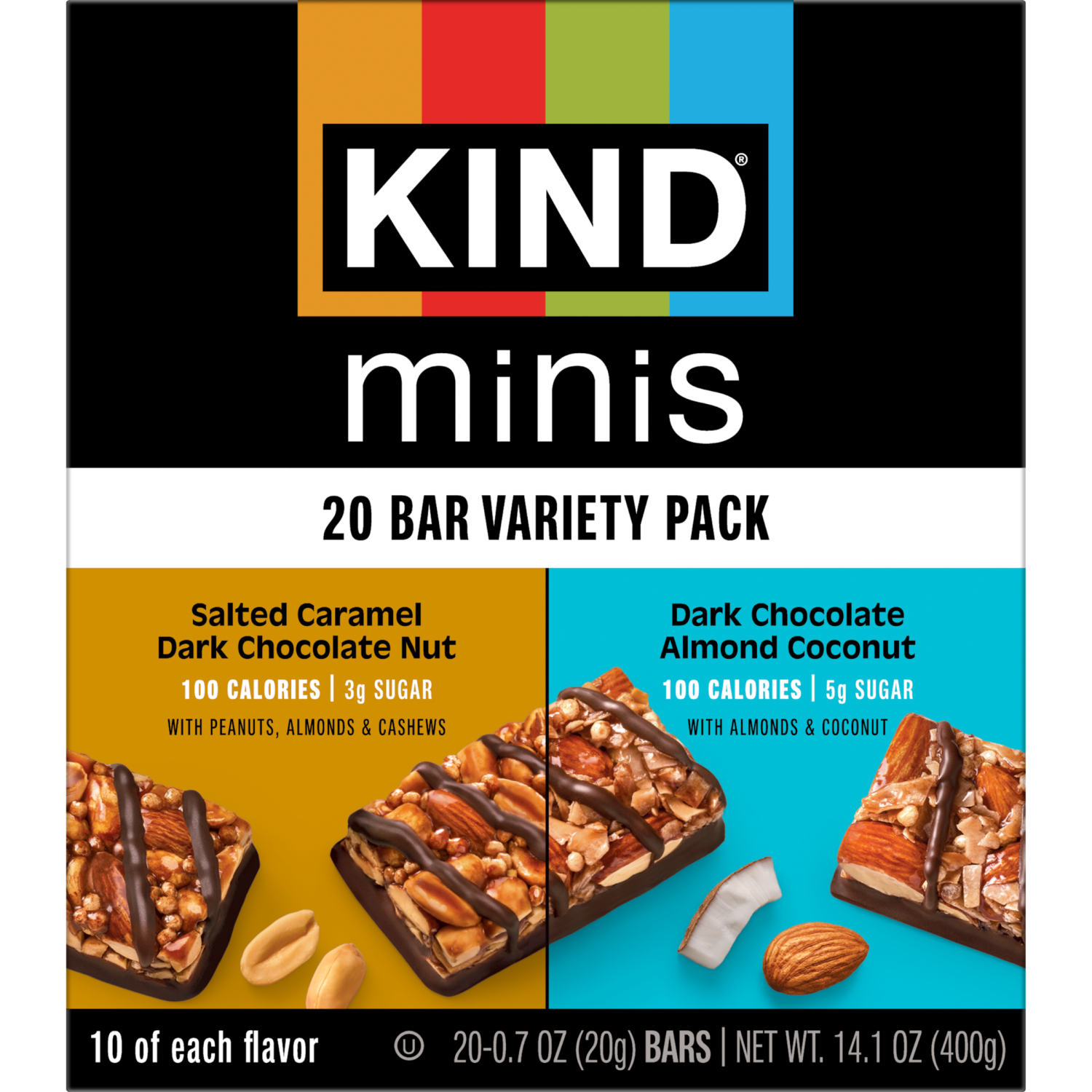 slide 2 of 7, KIND Minis Salted Caramel Dark Chocolate Nut and Dark Chocolate Almond Coconut Bars, Gluten Free Bars, Variety Pack, 0.7 OZ Bars (20 Count), 20 ct
