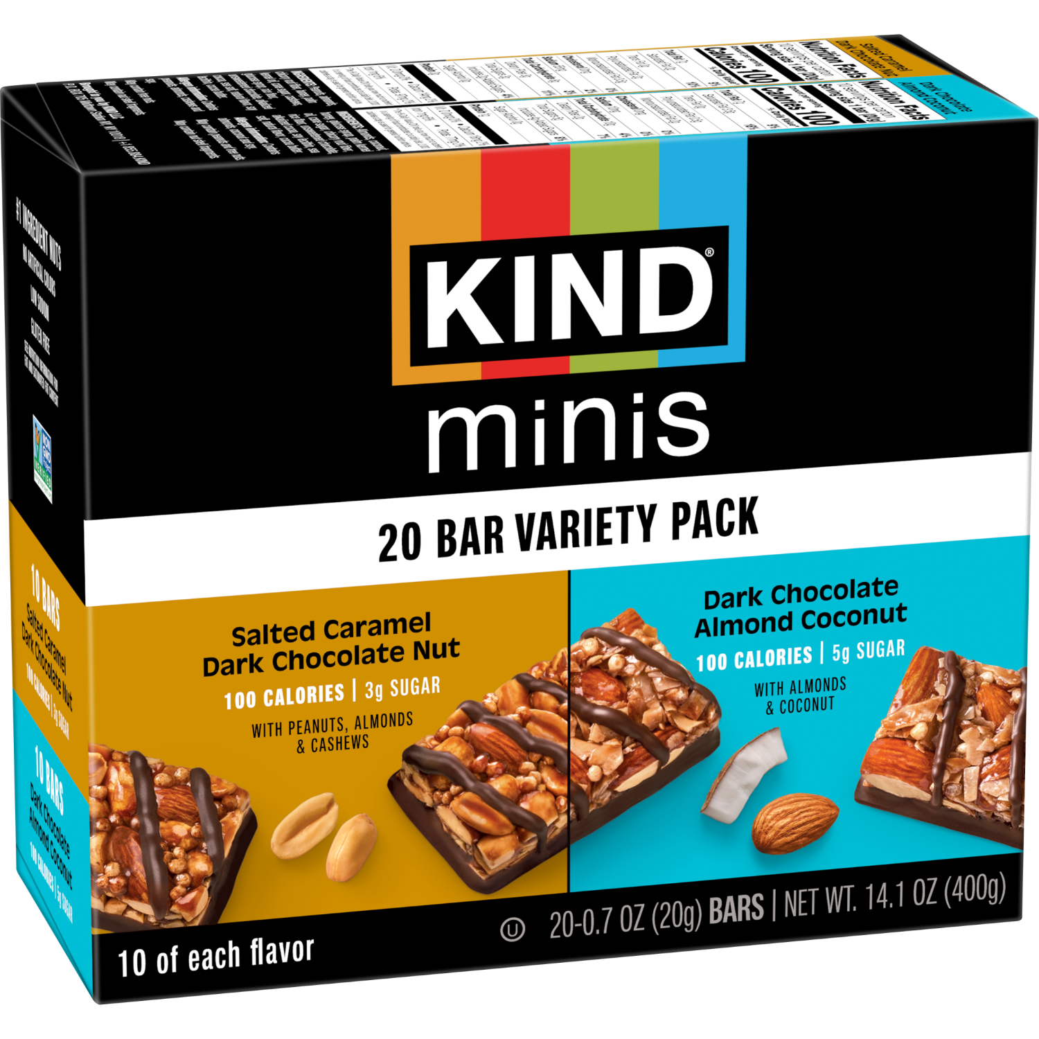 slide 5 of 7, KIND Minis Salted Caramel Dark Chocolate Nut and Dark Chocolate Almond Coconut Bars, Gluten Free Bars, Variety Pack, 0.7 OZ Bars (20 Count), 20 ct