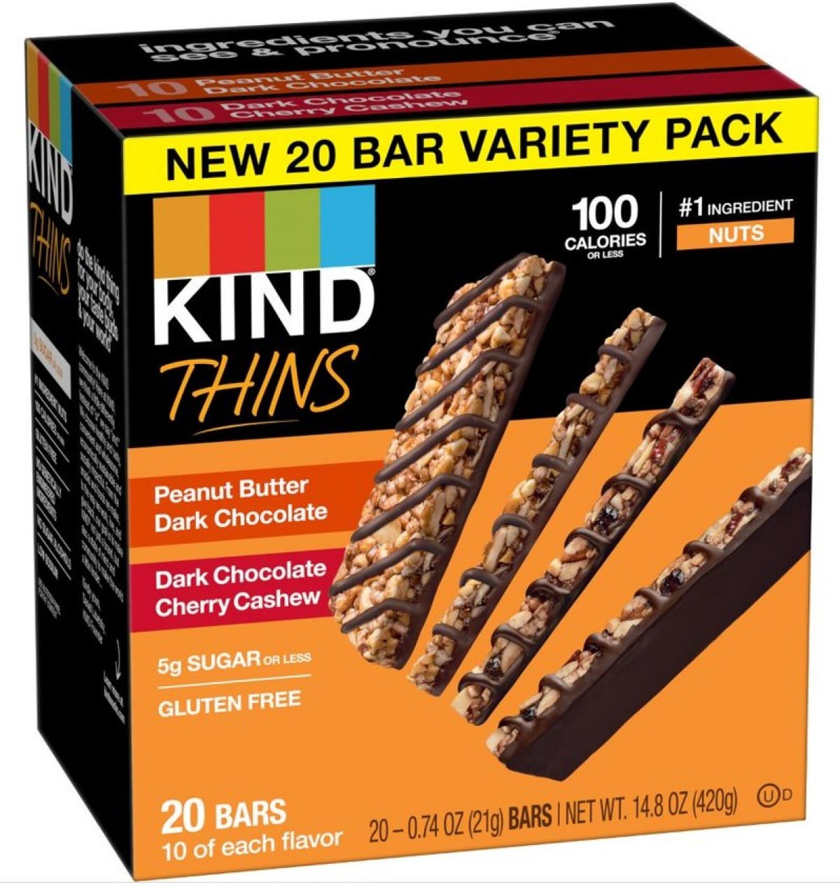 slide 2 of 13, KIND Thins Bars Variety Pack, Peanut Butter Dark Chocolate & Dark Chocolate Cherry Cashew, 0.74 oz, 20 Count, 20 ct