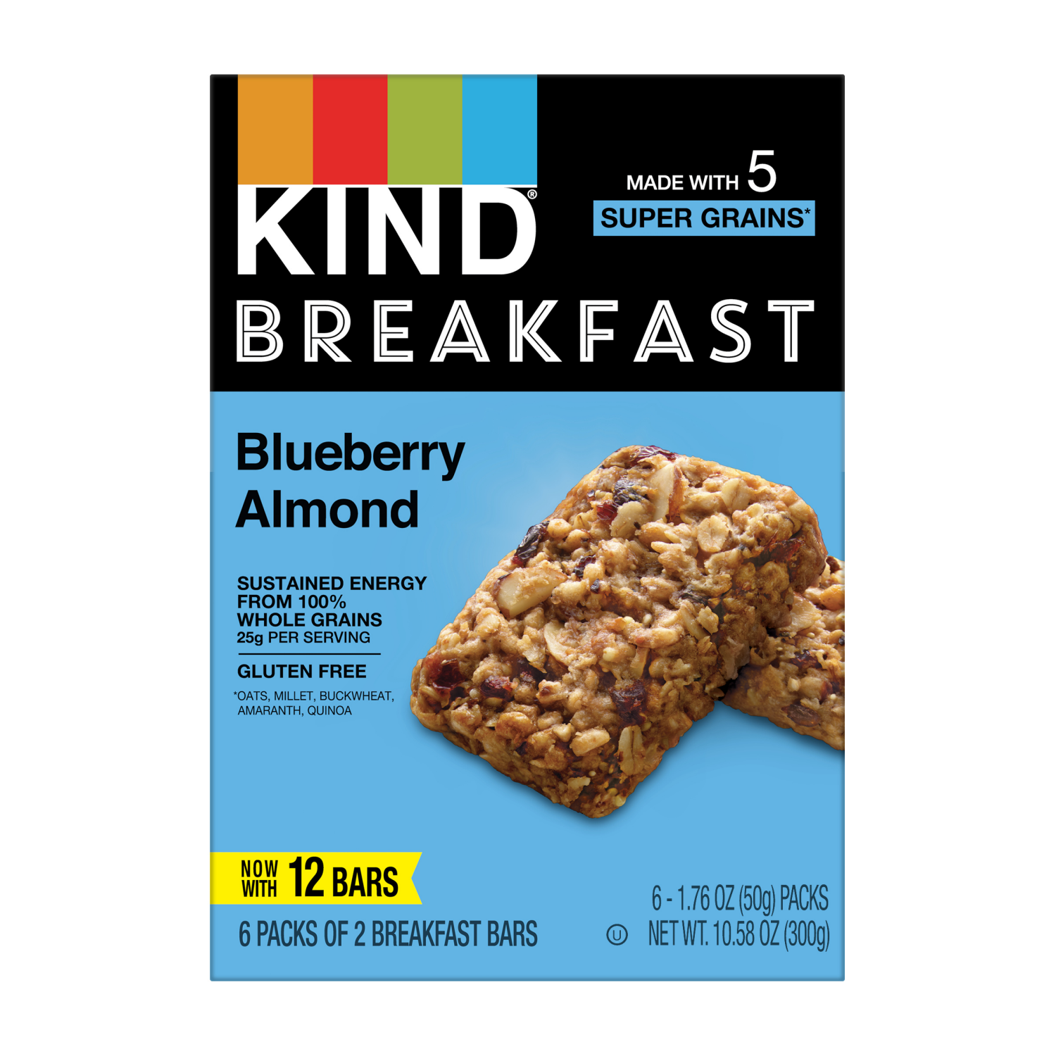 slide 1 of 6, KIND Breakfast, Healthy Snack Bar, Blueberry Almond, Gluten Free Breakfast Bars, 100% Whole Grains, 1.76 OZ Packs (6 Count), 6 ct