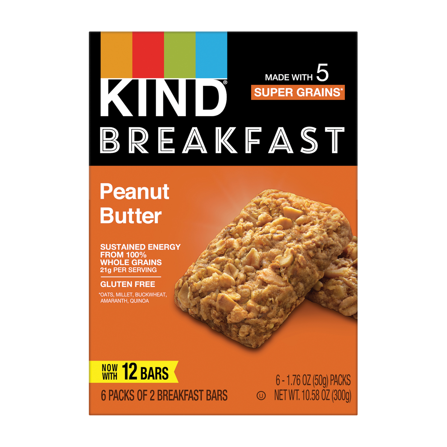 slide 1 of 6, KIND Breakfast, Healthy Snack Bar, Peanut Butter, Gluten Free Breakfast Bars, 100% Whole Grains, 1.76 OZ Packs (6 Count), 6 ct