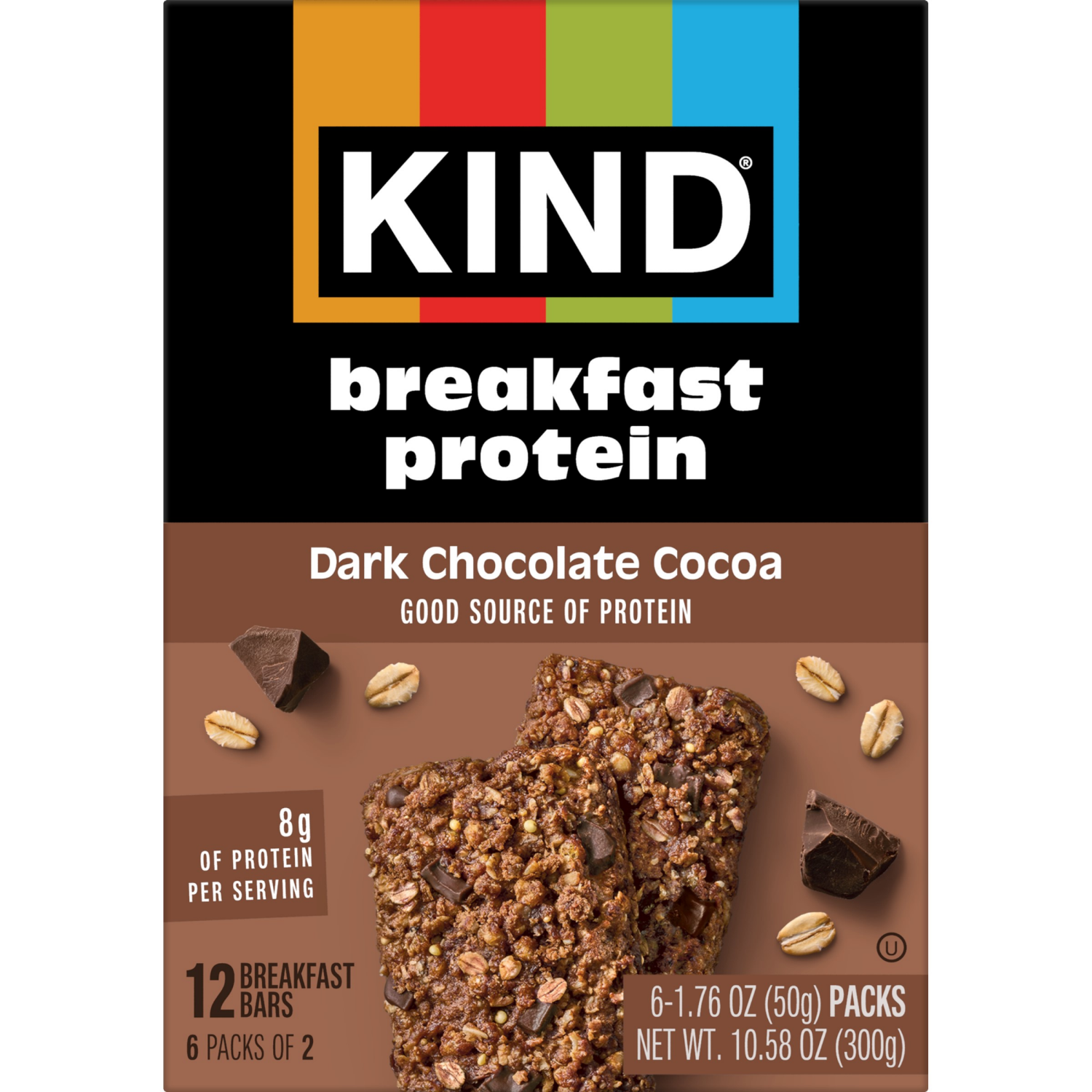 slide 2 of 8, KIND Breakfast, Healthy Snack Bar, Dark Chocolate Cocoa, Gluten Free Breakfast Bars, 8g Protein, 1.76 OZ Packs (6 Count), 6 ct