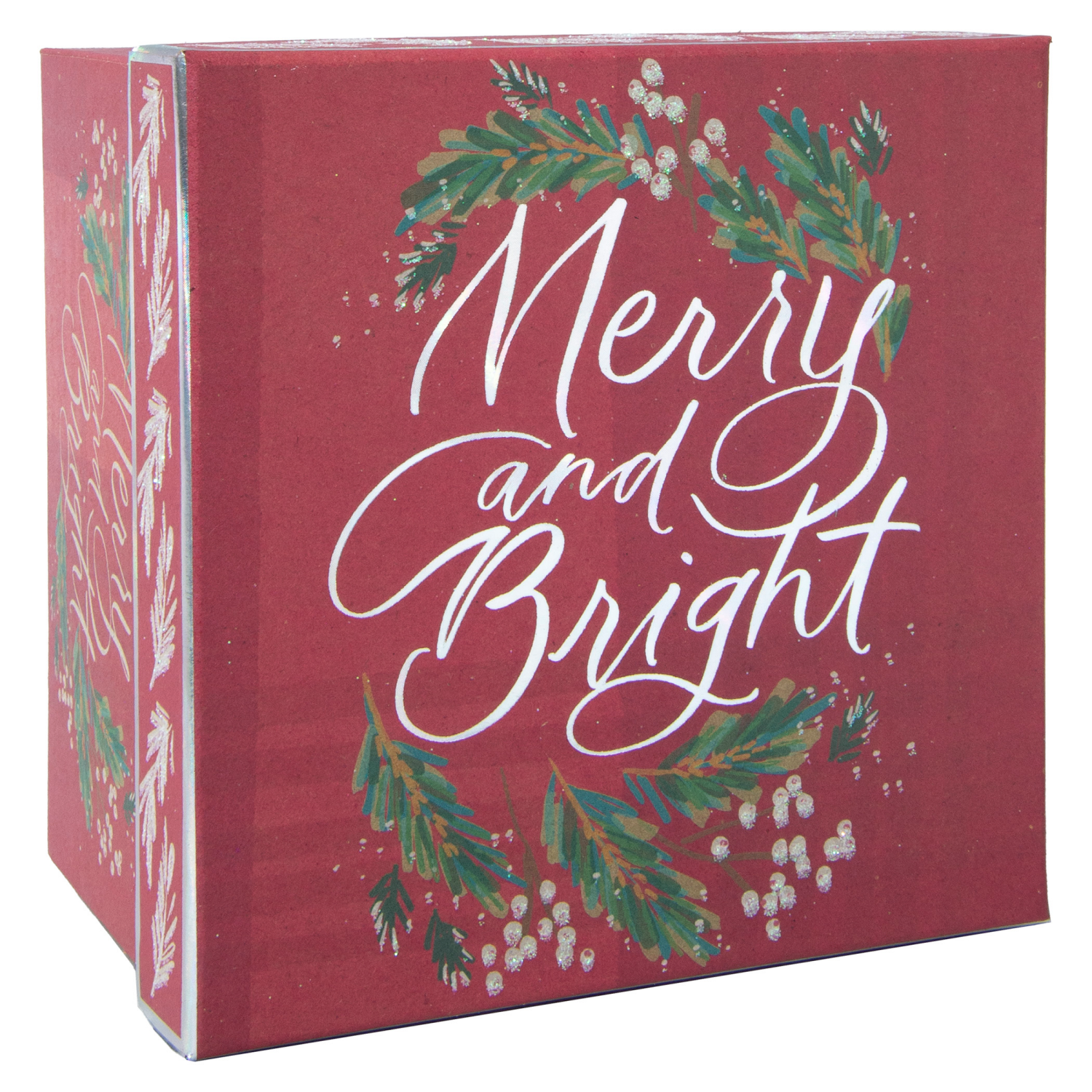 slide 2 of 3, Square Gift Box, Kraft with Hot Stamp, Small, Merry & Bright, 6 in