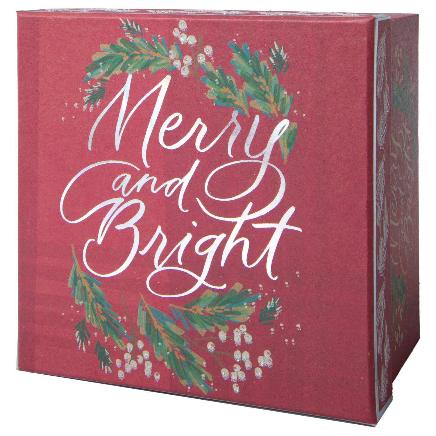 slide 3 of 3, Square Gift Box, Kraft with Hot Stamp, Small, Merry & Bright, 6 in
