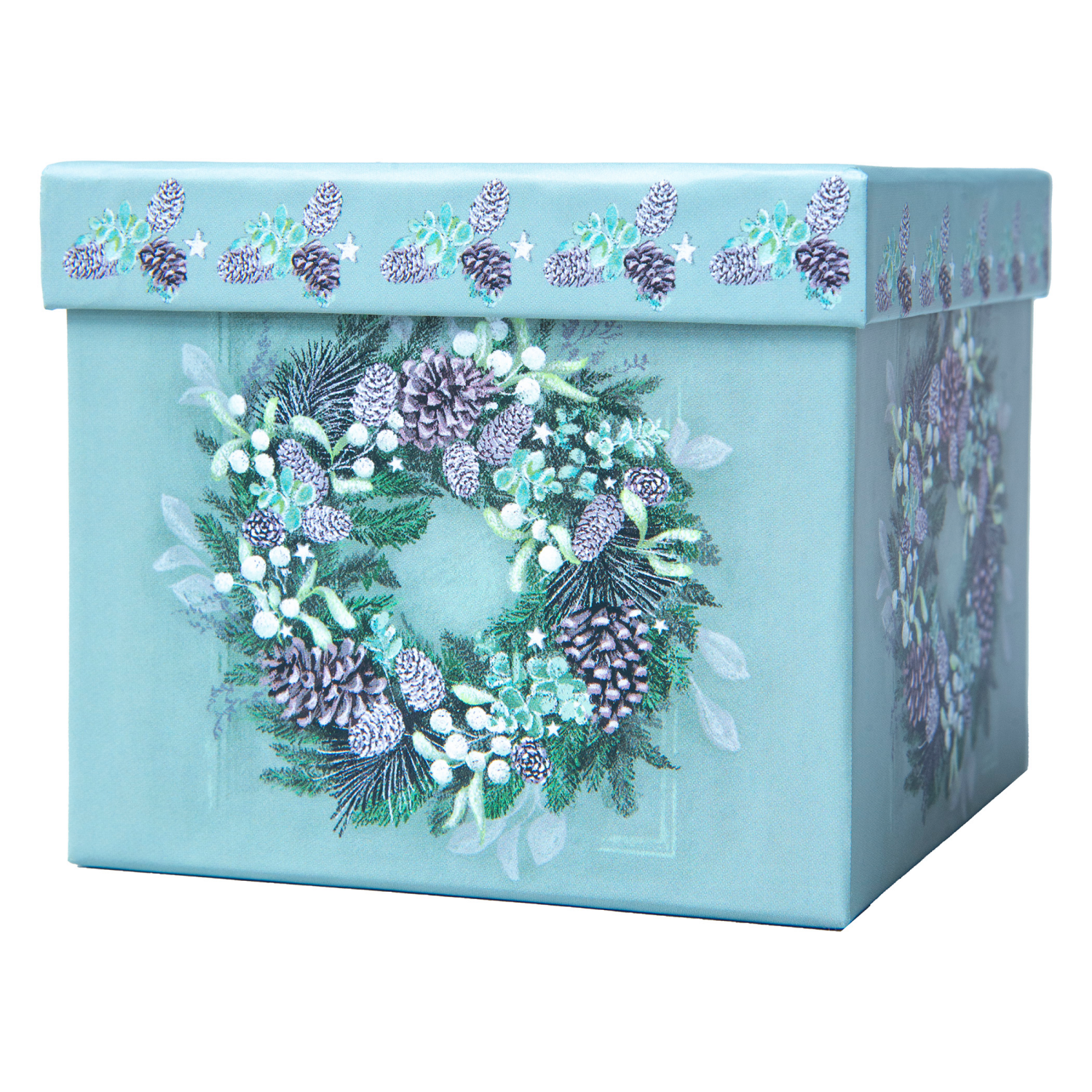 slide 3 of 3, Square Gift Box with Treatment, Large, Wreath, 5 in