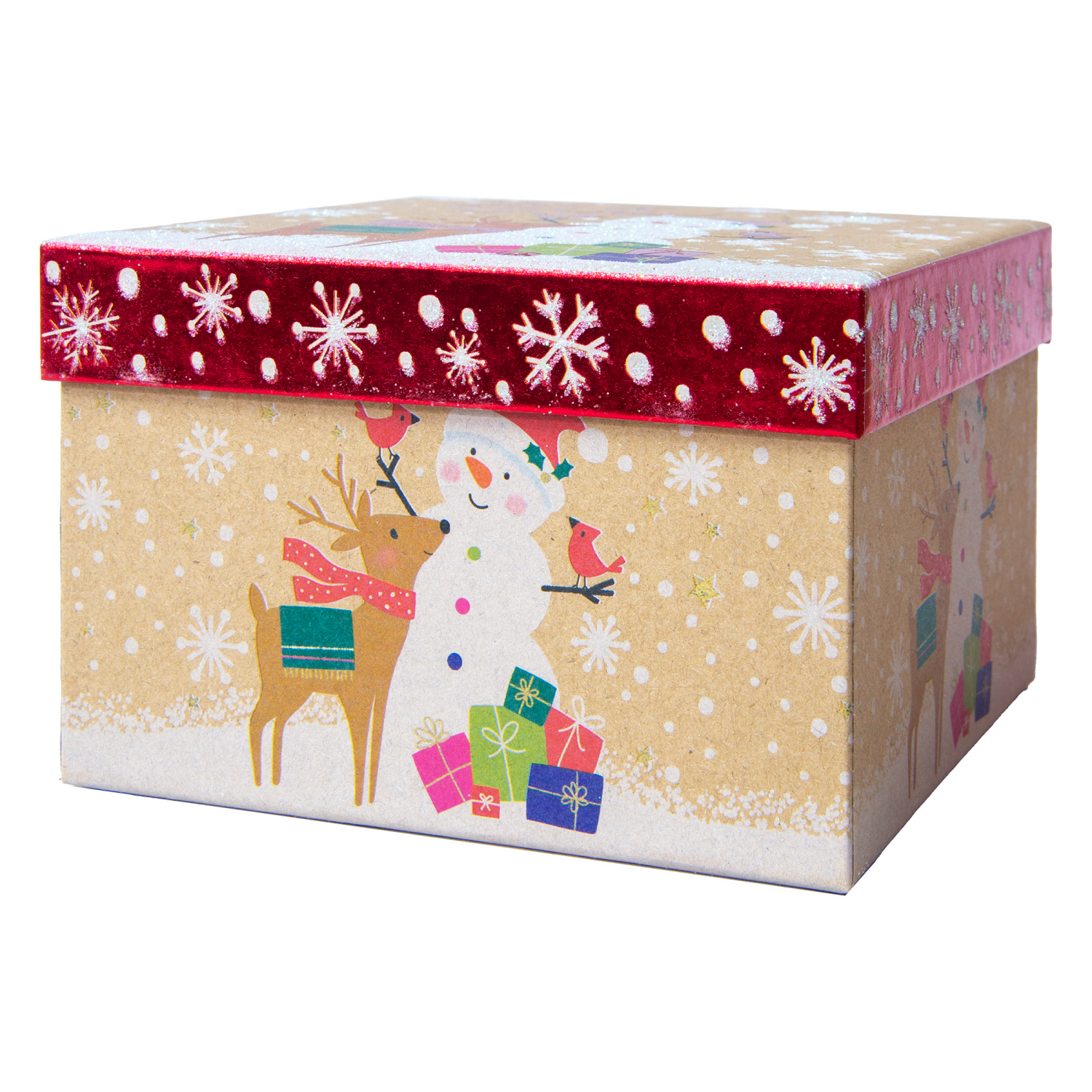slide 2 of 3, Square Gift Box, Kraft with Hot Stamp, Small, Let It Snow, 6 in