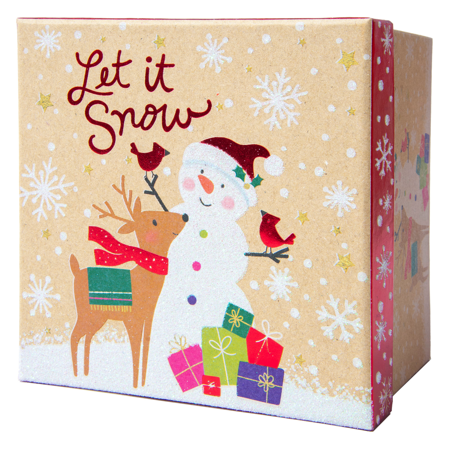slide 3 of 3, Square Gift Box, Kraft with Hot Stamp, Small, Let It Snow, 6 in
