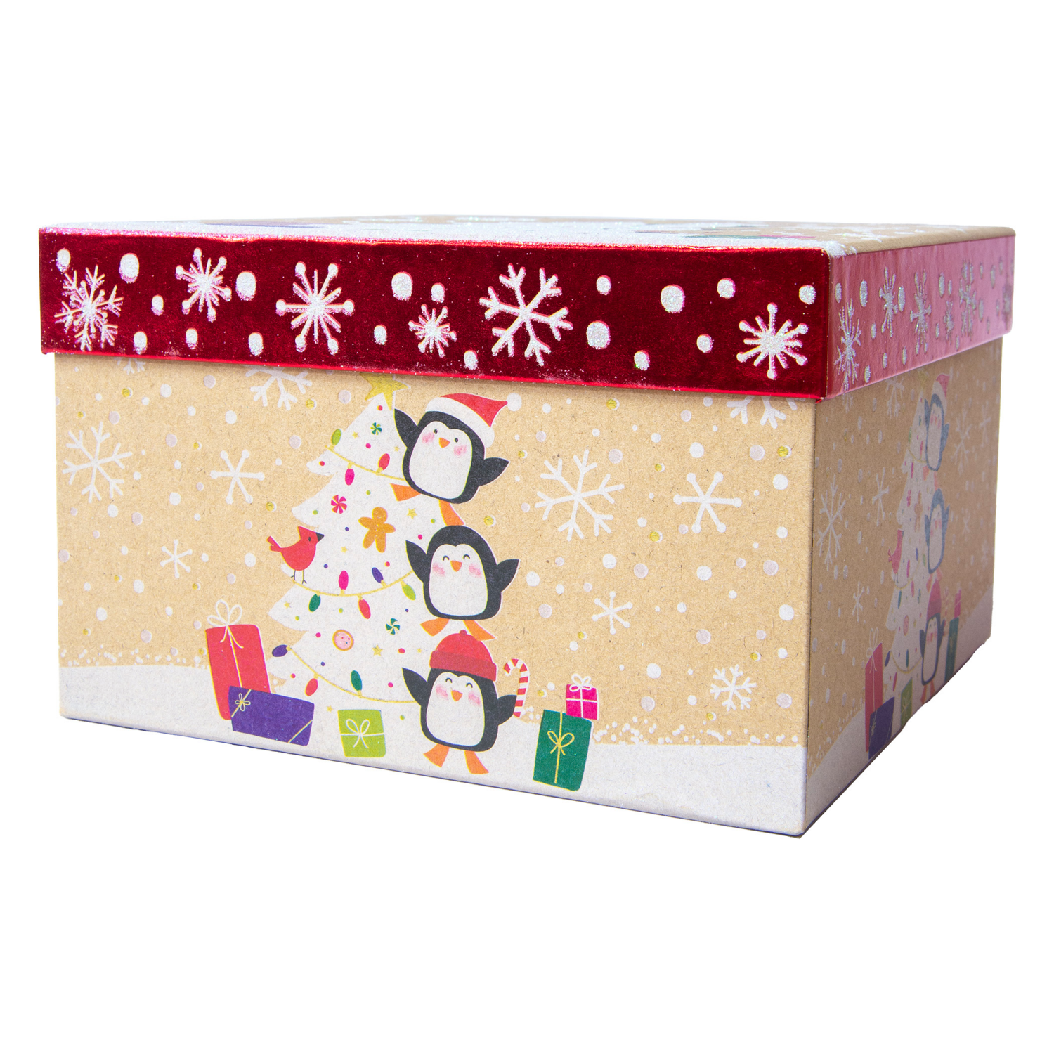 slide 2 of 3, Square Gift Box, Kraft with Hot Stamp, Medium, Merry Christmas Tree, 8 in