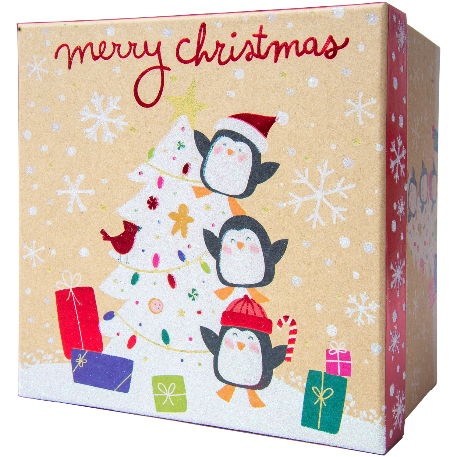 slide 3 of 3, Square Gift Box, Kraft with Hot Stamp, Medium, Merry Christmas Tree, 8 in