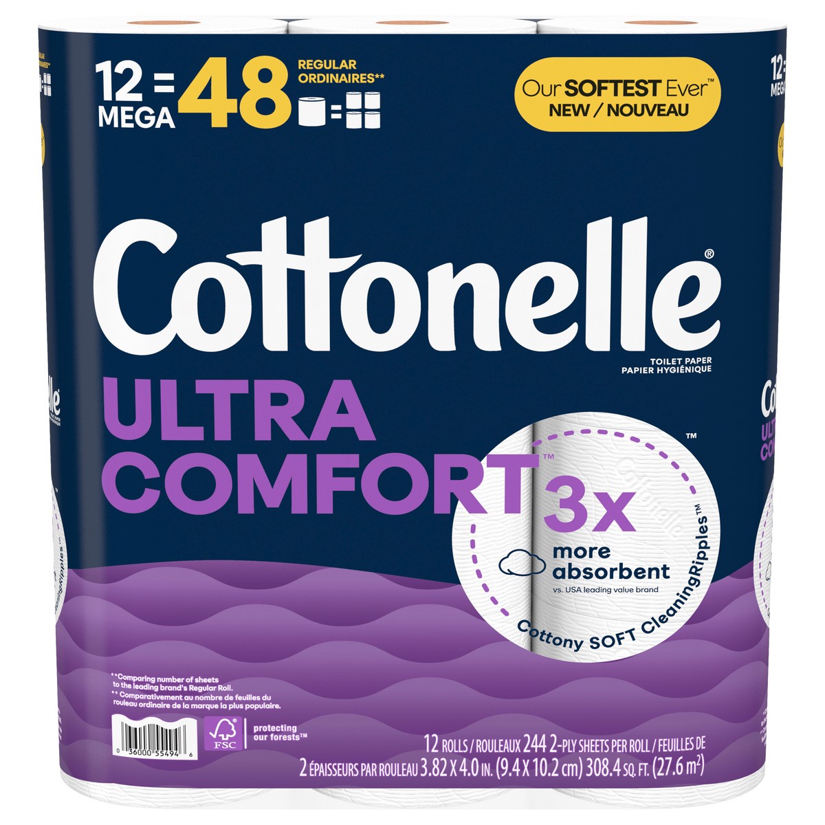 slide 3 of 11, Cottonelle Ultra Comfort Toilet Paper, Strong Toilet Tissue, 12 Mega Rolls (12 Mega Rolls = 48 Regular Rolls), 244 Sheets Per Roll, 12 ct