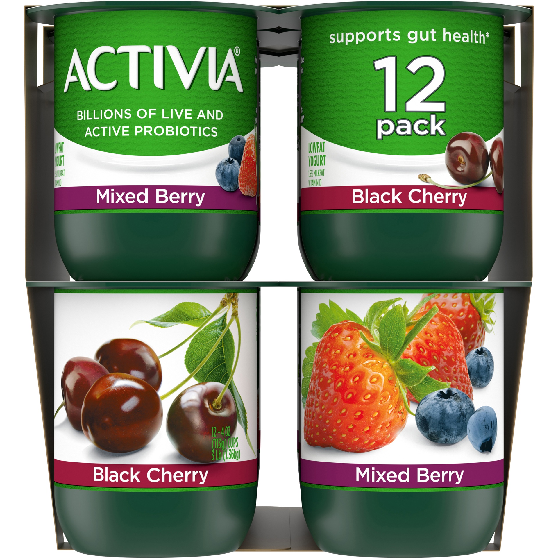 slide 2 of 4, Activia Probiotic Black Cherry & Mixed Berry Variety Pack Yogurt Cups, 4 oz
