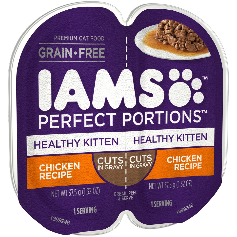slide 2 of 9, IAMS PERFECT PORTIONS Healthy Kitten Grain Free* Wet Cat Food Cuts in Gravy, Chicken Recipe, (24) Easy Peel Twin-Pack Trays, 2.64 oz