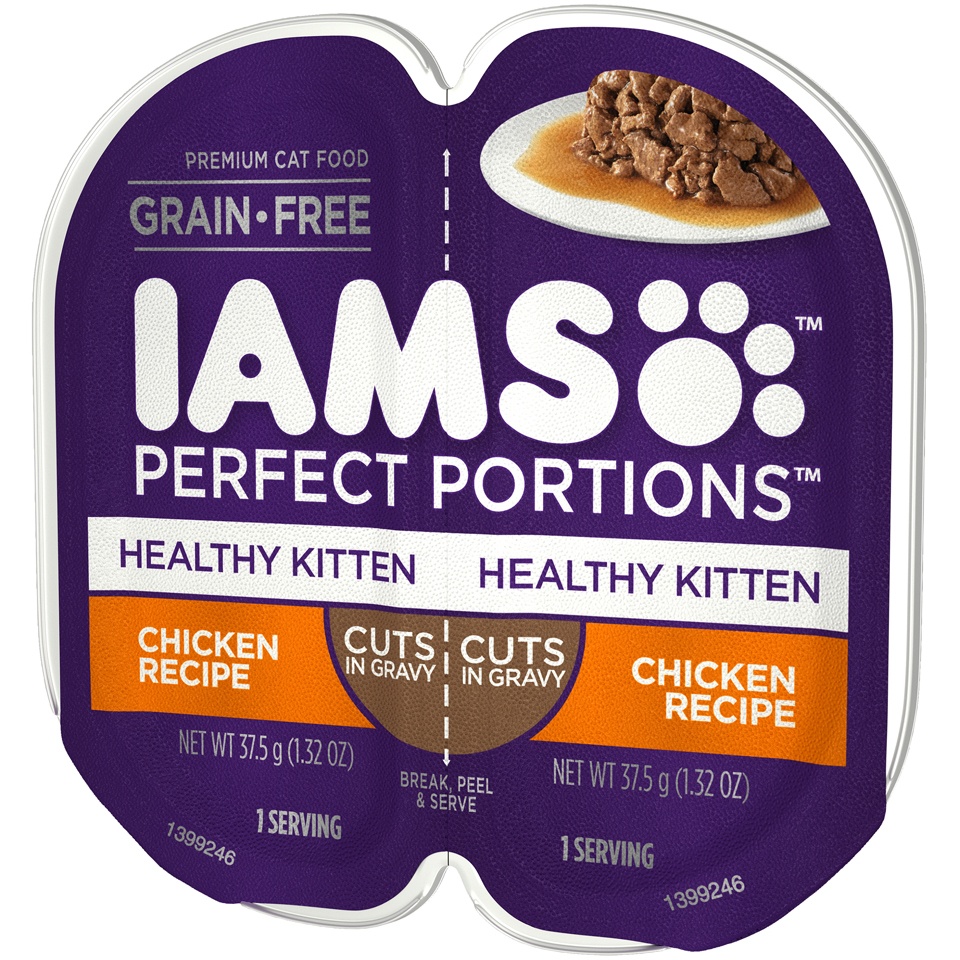 slide 3 of 9, IAMS PERFECT PORTIONS Healthy Kitten Grain Free* Wet Cat Food Cuts in Gravy, Chicken Recipe, (24) Easy Peel Twin-Pack Trays, 2.64 oz
