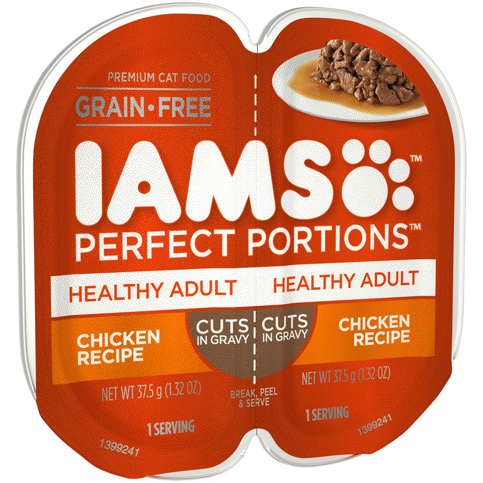 slide 6 of 9, IAMS PERFECT PORTIONS Healthy Adult Grain Free* Wet Cat Food Cuts in Gravy, Chicken Recipe, (24) Easy Peel Twin-Pack Trays, 2.64 oz