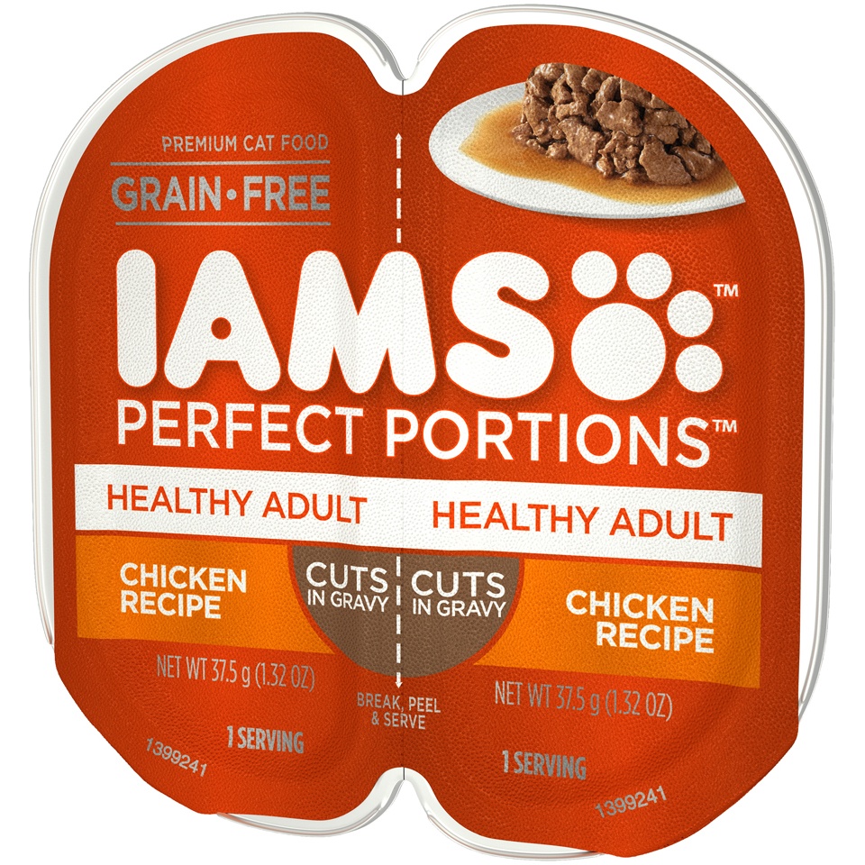 slide 7 of 9, IAMS PERFECT PORTIONS Healthy Adult Grain Free* Wet Cat Food Cuts in Gravy, Chicken Recipe, (24) Easy Peel Twin-Pack Trays, 2.64 oz