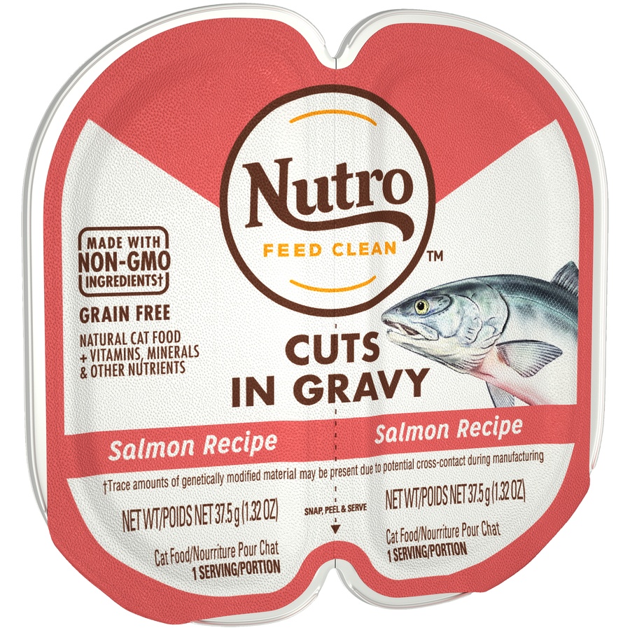 slide 2 of 9, NUTRO Grain Free* Natural Wet Cat Food Cuts in Gravy Salmon Recipe, (24) PERFECT PORTIONS Twin-Pack Trays, 2.64 oz