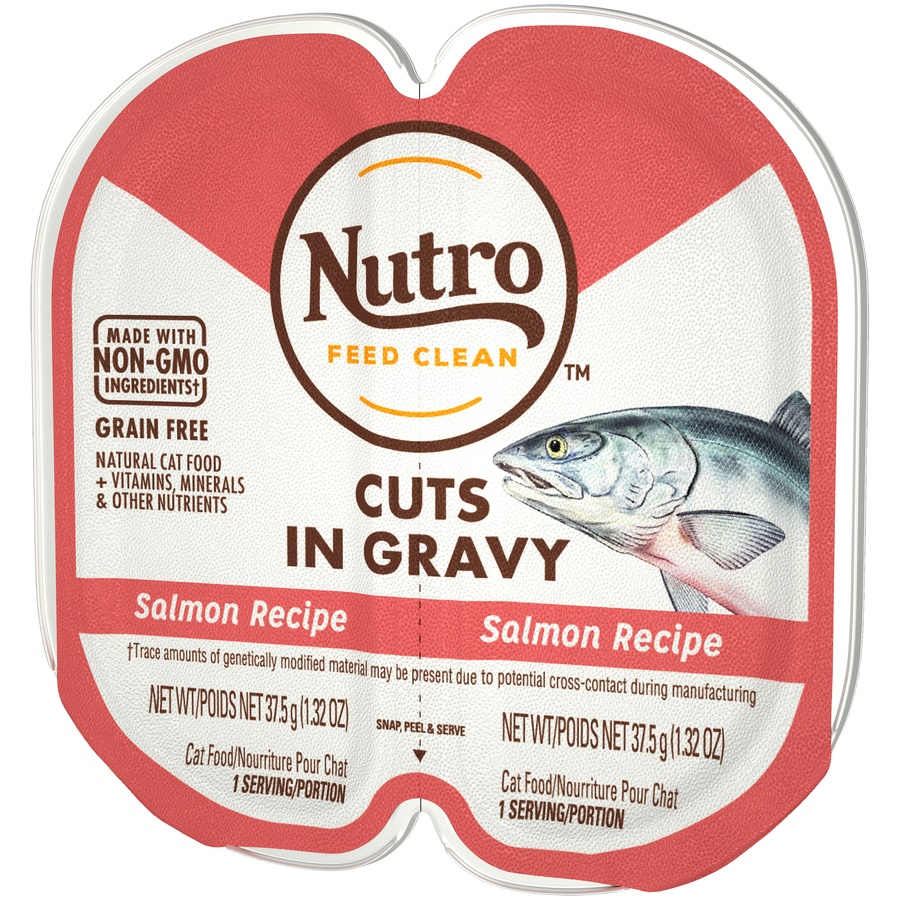 slide 3 of 9, NUTRO Grain Free* Natural Wet Cat Food Cuts in Gravy Salmon Recipe, (24) PERFECT PORTIONS Twin-Pack Trays, 2.64 oz