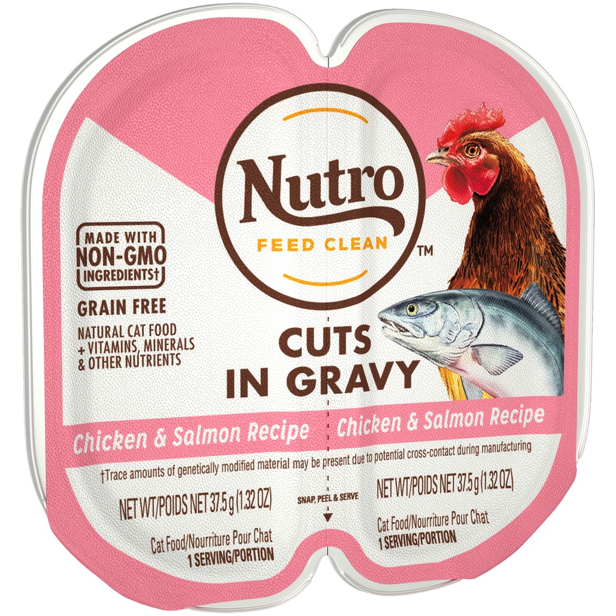 slide 4 of 9, NUTRO Grain Free* Natural Wet Cat Food Cuts in Gravy Chicken & Salmon Recipe, (24) PERFECT PORTIONS Twin-Pack Trays, 2.64 oz