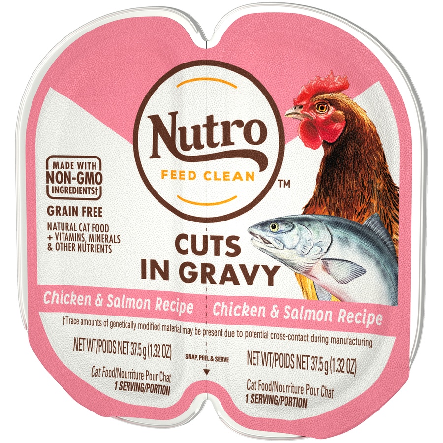 slide 5 of 9, NUTRO Grain Free* Natural Wet Cat Food Cuts in Gravy Chicken & Salmon Recipe, (24) PERFECT PORTIONS Twin-Pack Trays, 2.64 oz