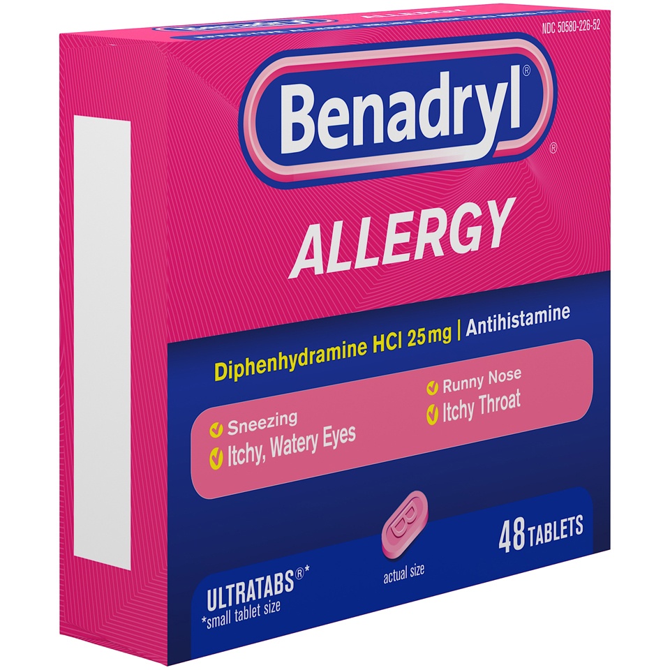 slide 2 of 6, Benadryl Ultratabs Antihistamine Allergy Relief Medicine Diphenhydramine HCl Tablets For Relief of Cold & Allergy Symptoms Such as Sneezing, Runny Nose, & Itchy Eyes & Throat, 48 ct; 25 mg
