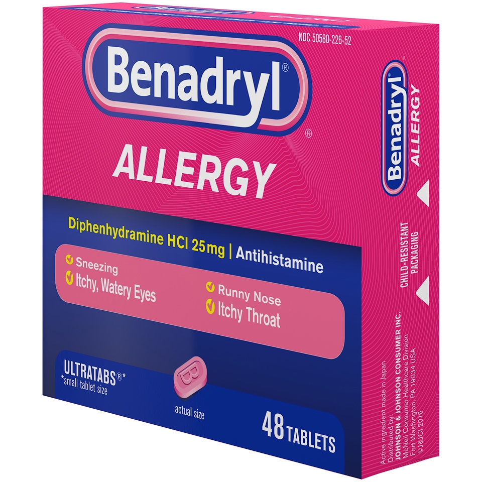slide 4 of 6, Benadryl Ultratabs Antihistamine Allergy Relief Medicine Diphenhydramine HCl Tablets For Relief of Cold & Allergy Symptoms Such as Sneezing, Runny Nose, & Itchy Eyes & Throat, 48 ct; 25 mg