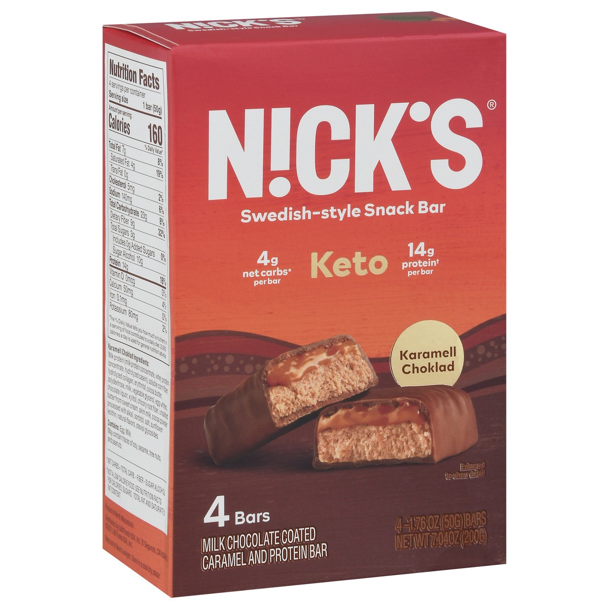 slide 8 of 17, Nick's Swedish-Style Karamell Choklad Protein Bar 4 - 1.76 oz Bars, 4 ct